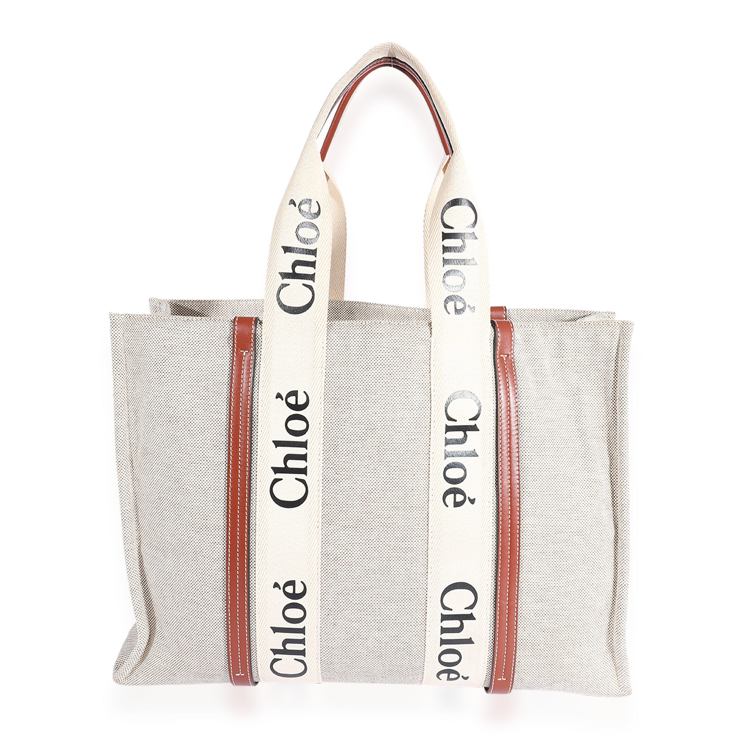 image of Chloe White Canvas & Brown Calfskin Large Woody Tote, Women's