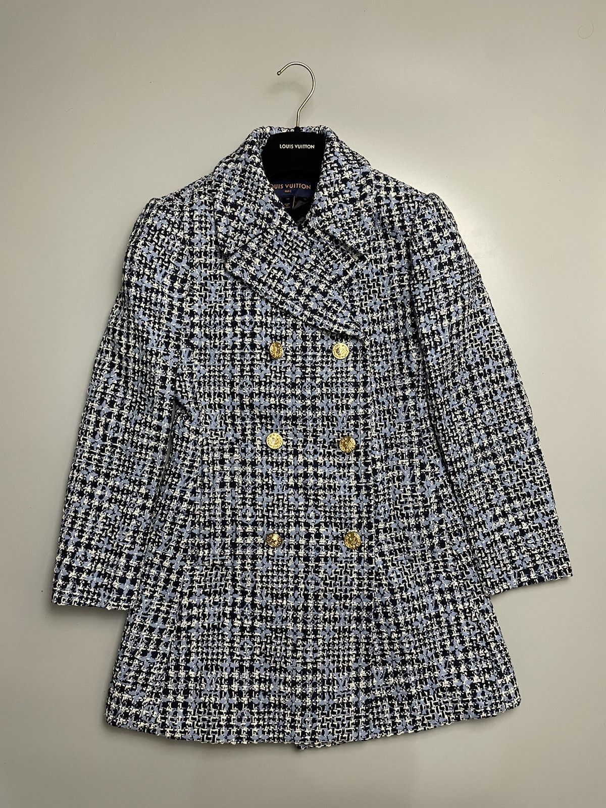 image of Louis Vuitton 22Ss Tweed Peacoat 32 Blue Rw221W Monogram, Women's (Size Small)