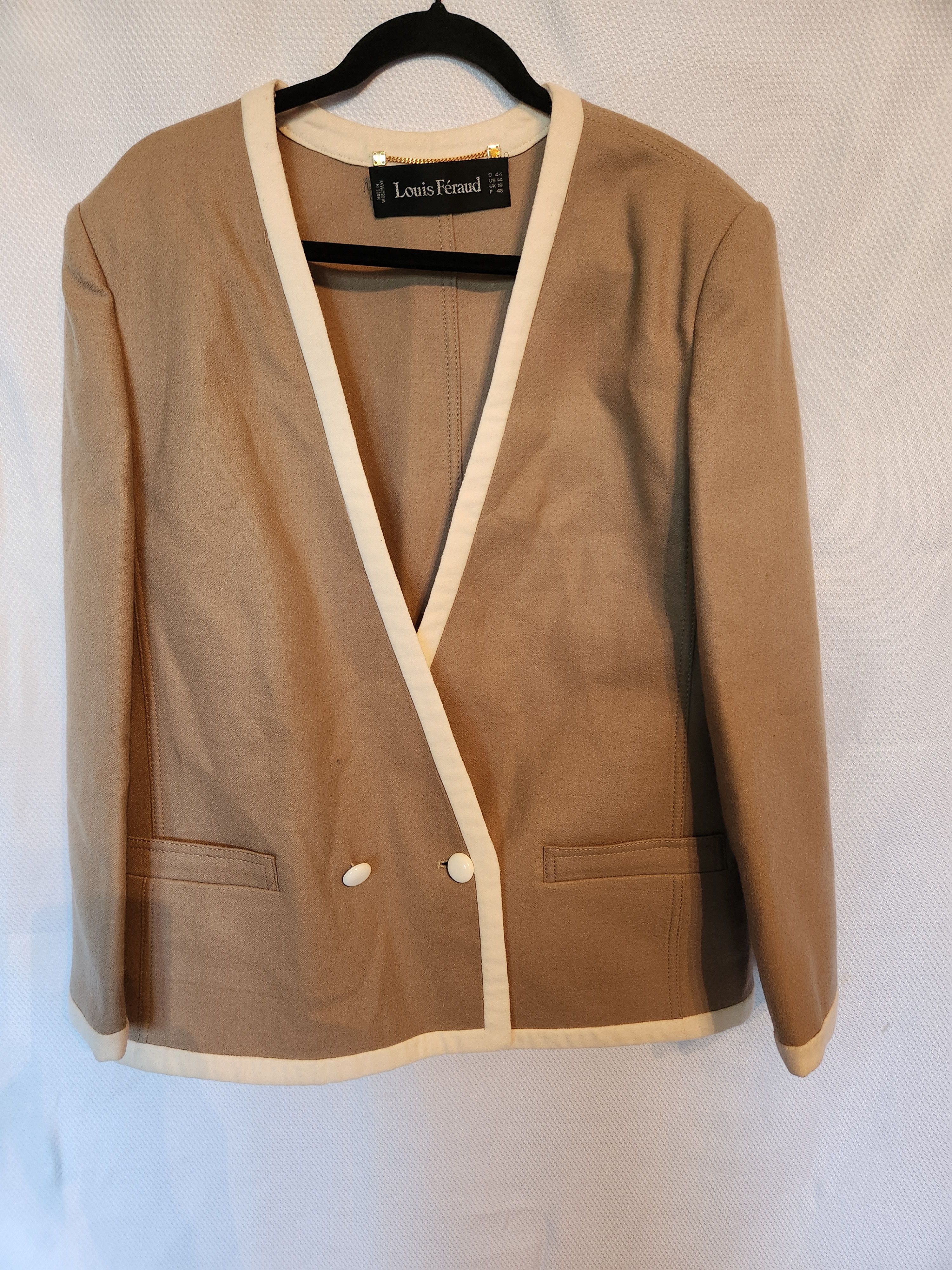 Louis Feraud Vintage 80's 100% Wool Double Breast Beige Blazer Size L / US 10 / IT 46 - 1 Thumbnail