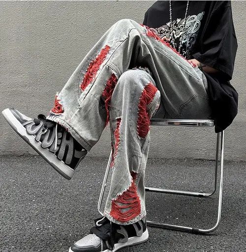 image of Distressed Denim x Jean Ripped Loose Mens Jeans Pants in Grey Red (Size 33)