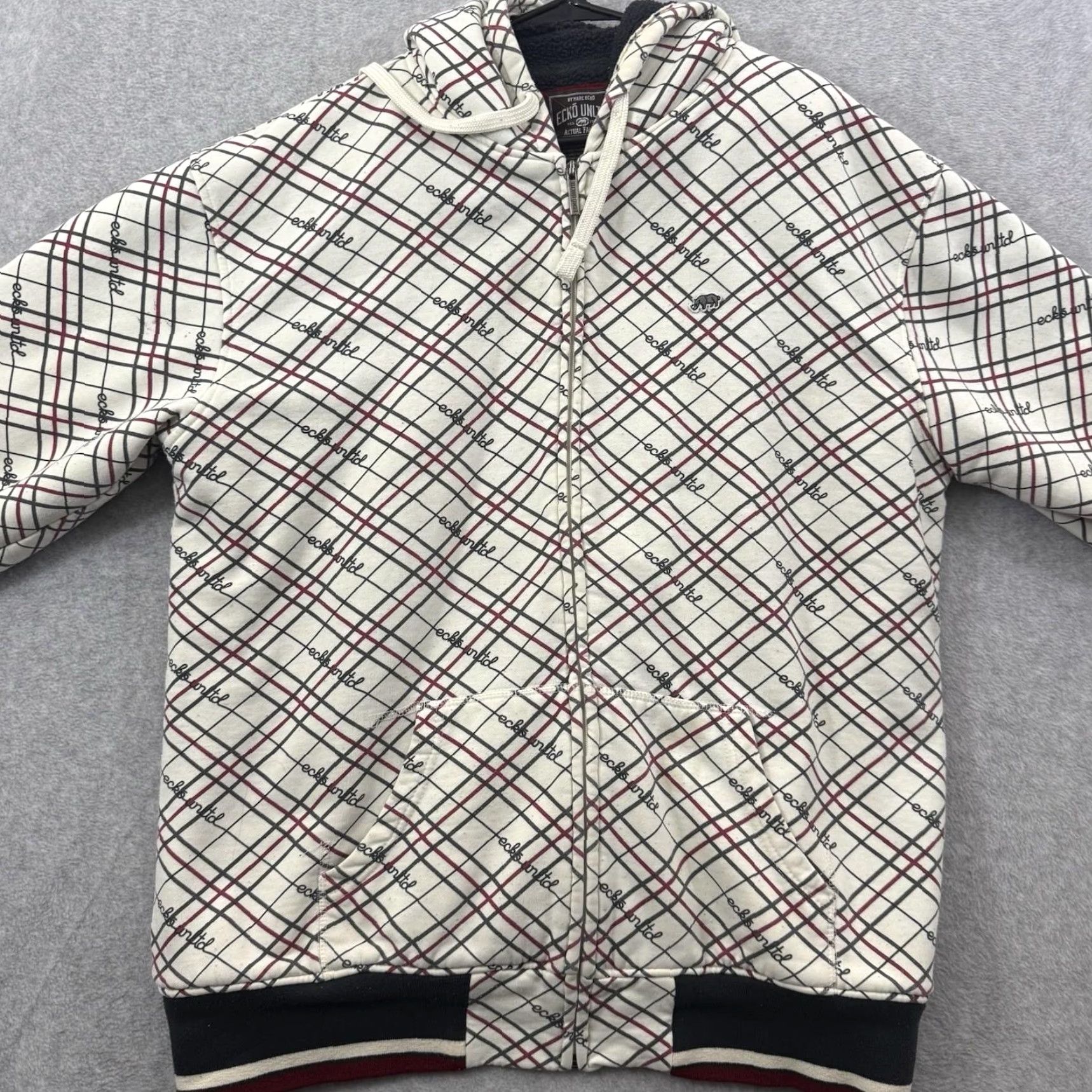 Ecko Unltd. VINTAGE Ecko Unltd Hoodie Mens 2XL Cream Full Zip Plaid Striped Sherpa 90s Y2K Size US XXL / EU 58 / 5 - 4 Thumbnail