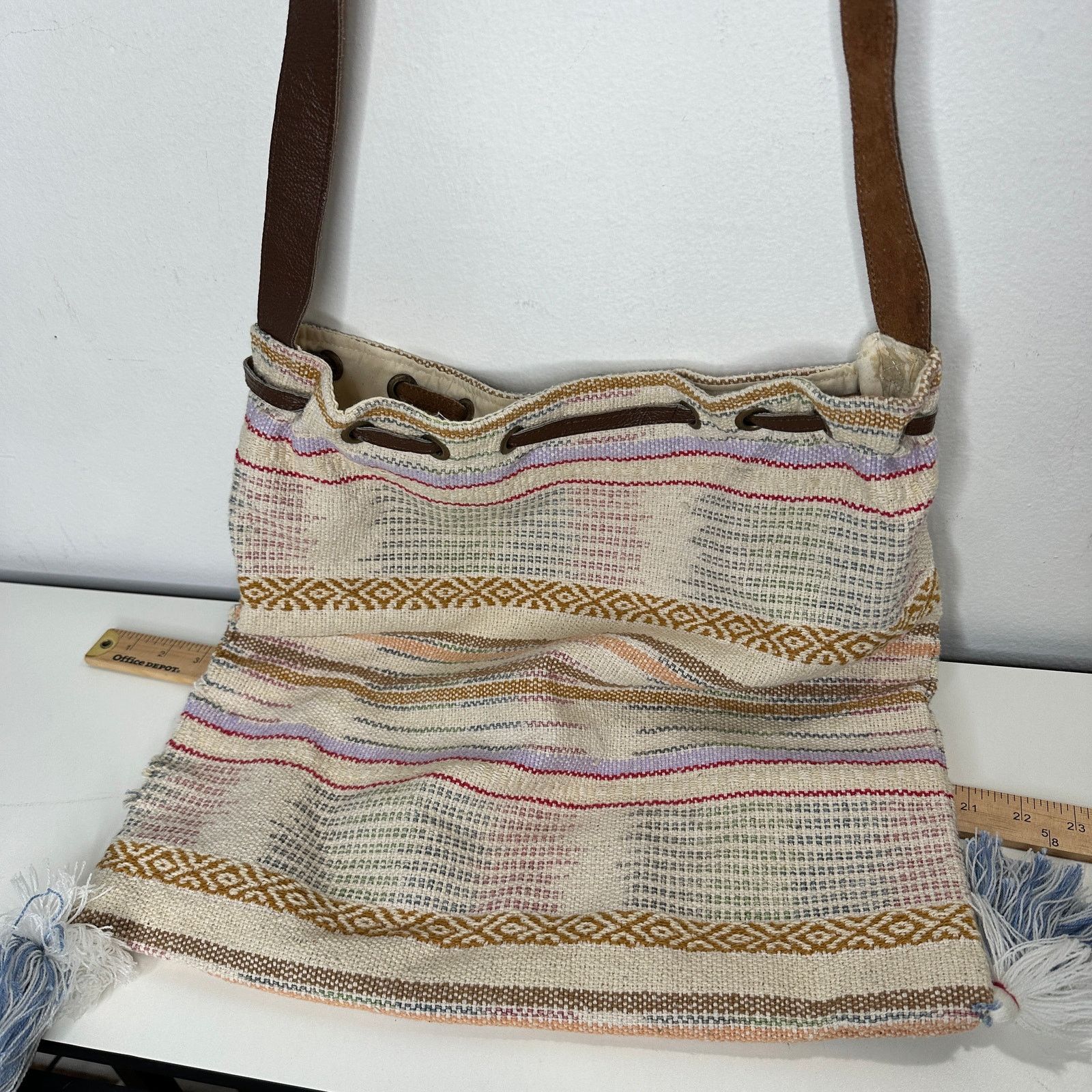 Other Lovestitch Tan Multicolor Striped Canvas Boho Bag Drawstring Size ONE SIZE - 8 Thumbnail