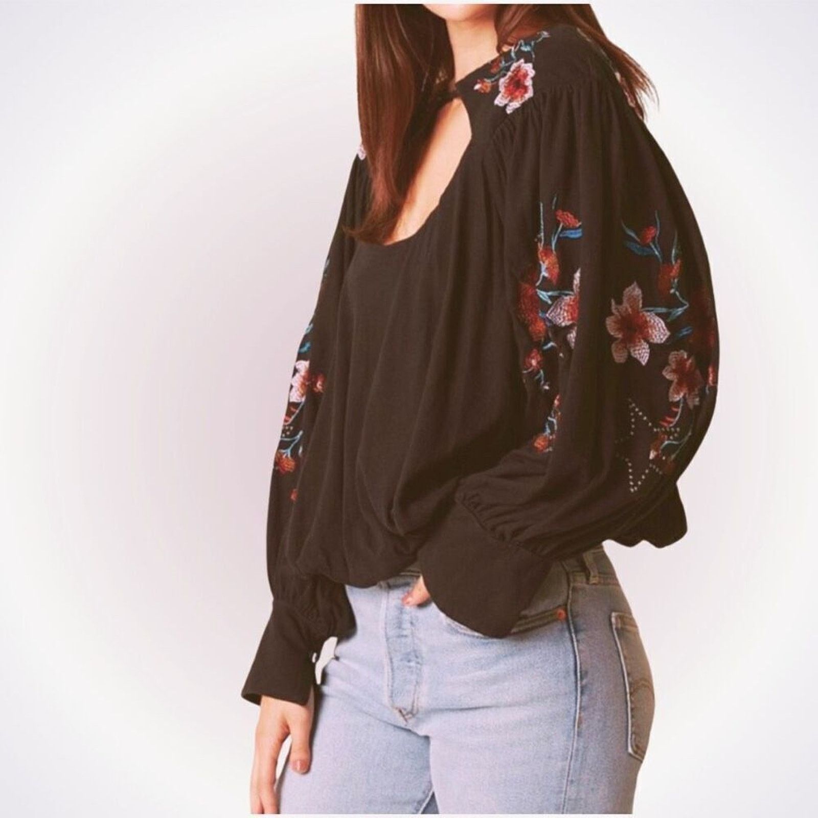 Free People FP Black Floral Embroidered Off-Sleeve Blouse | Sz XS, NWT Size XS / US 0-2 / IT 36-38 - 2 Thumbnail