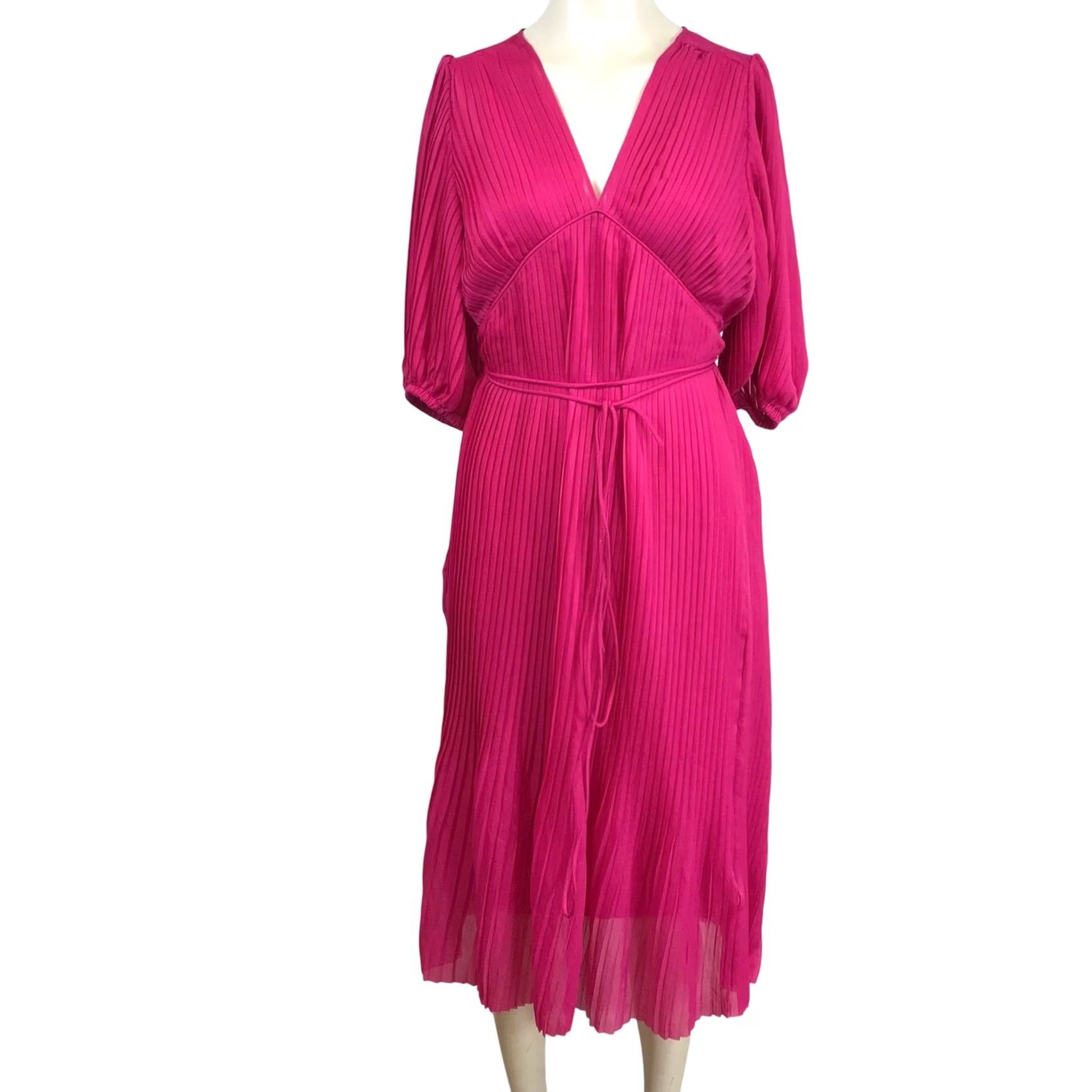 Banana Republic Banana Republic Magenta Pink Pleated V-Neck Puff Sleeve Midi Dress Petite S Size S / US 4 / IT 40 - 2 Thumbnail