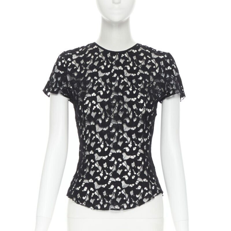 Nina Ricci NINA RICCI black sheer lace cap sleeve zip back T-shirt top FR40 XS Size S / US 4 / IT 40 - 1 Thumbnail