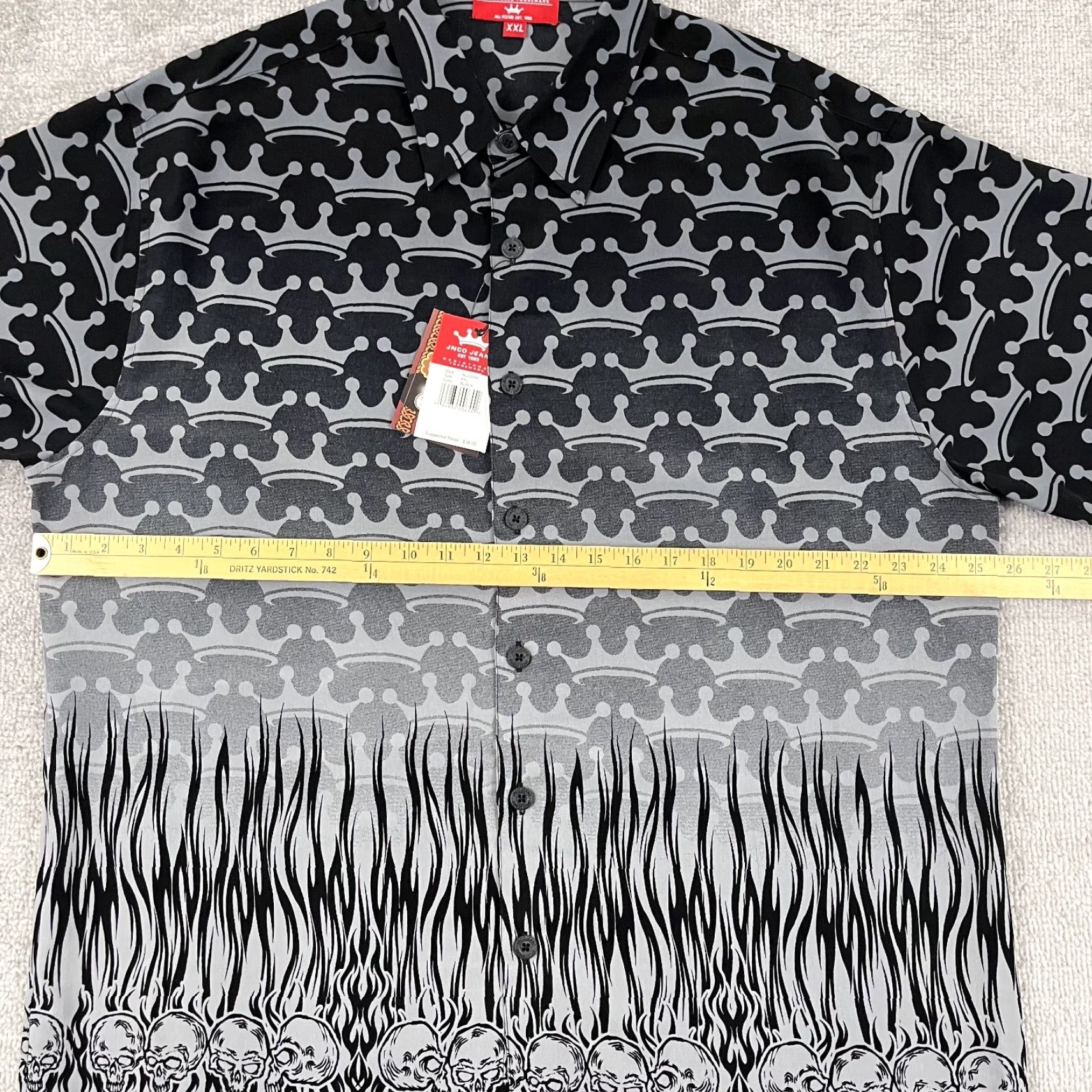 JNCO VINTAGE JNCO Shirt Mens 2XL Gray Crown Skull Flames Skater Button Punk Up Y2K NEW Size US XXL / EU 58 / 5 - 6 Thumbnail