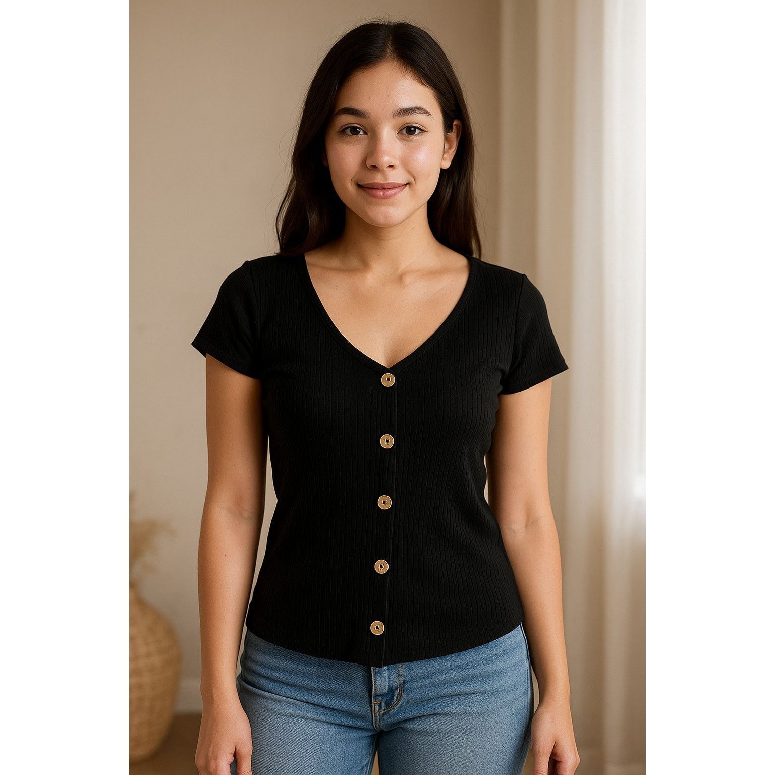 Other Minimalist Ribbed Button Front Black Top No Boundaries L Size L / US 10 / IT 46 - 1 Thumbnail