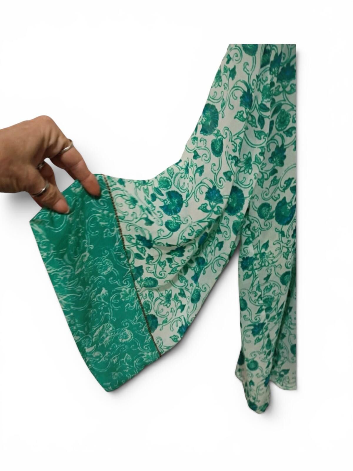 Chicos Chico's Green Floral Patterned V-Neck Blouse with Bell Slee- Size XL / US 12-14 / IT 48-50 - 3 Thumbnail