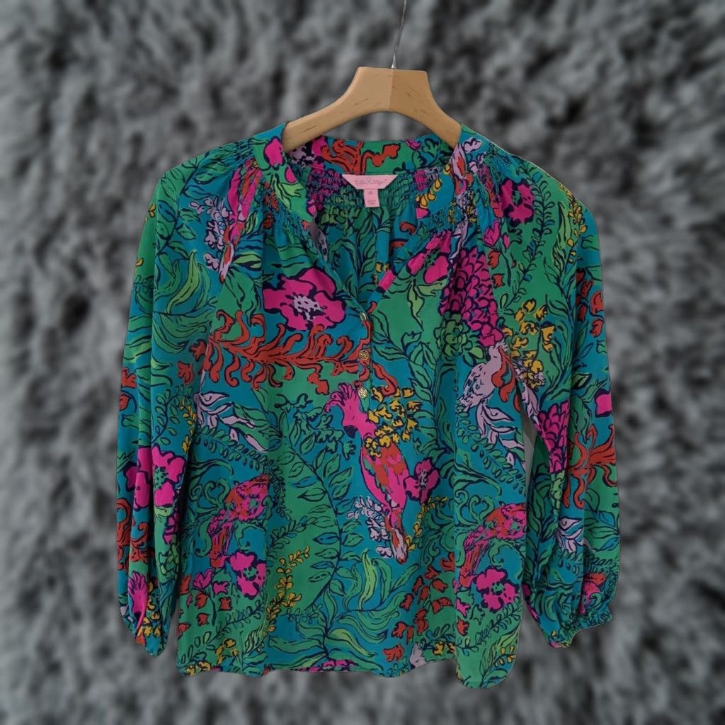Lilly Pulitzer Lilly Pulitzer Women's XS Silk Blouse Multicolor Parrots Size XS / US 0-2 / IT 36-38 - 1 Thumbnail