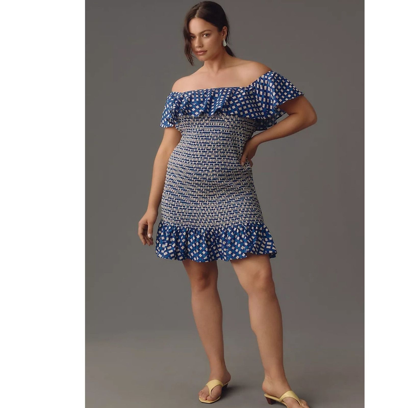 Anthropologie × Corey Lynn Calter NWT Off-The-Shoulder Smocked Mini Dress $198 XSP Size XS / US 0-2 / IT 36-38 - 5 Thumbnail