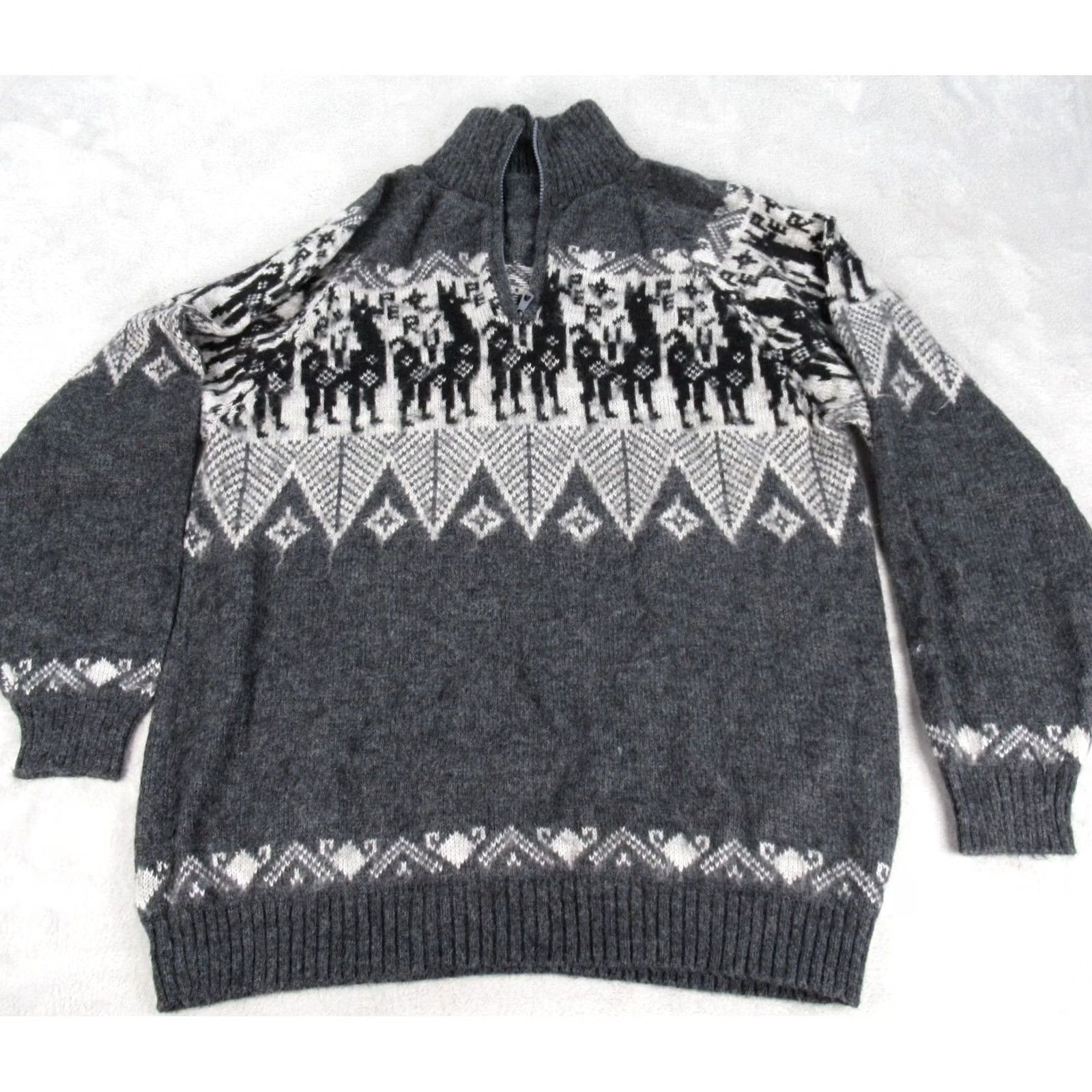 Vintage Wool Sweater Large Gray Animal Print Raglan 1/4 Zip Knit Pullover Mens Size US L / EU 52-54 / 3 - 2 Thumbnail