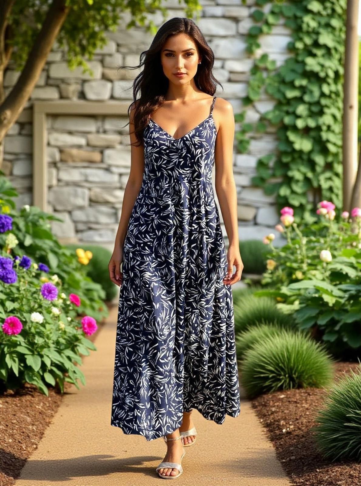 Unknown London Hemish USA Navy Blue and White Leaf Print Maxi Dress Size L / US 10 / IT 46 - 2 Thumbnail