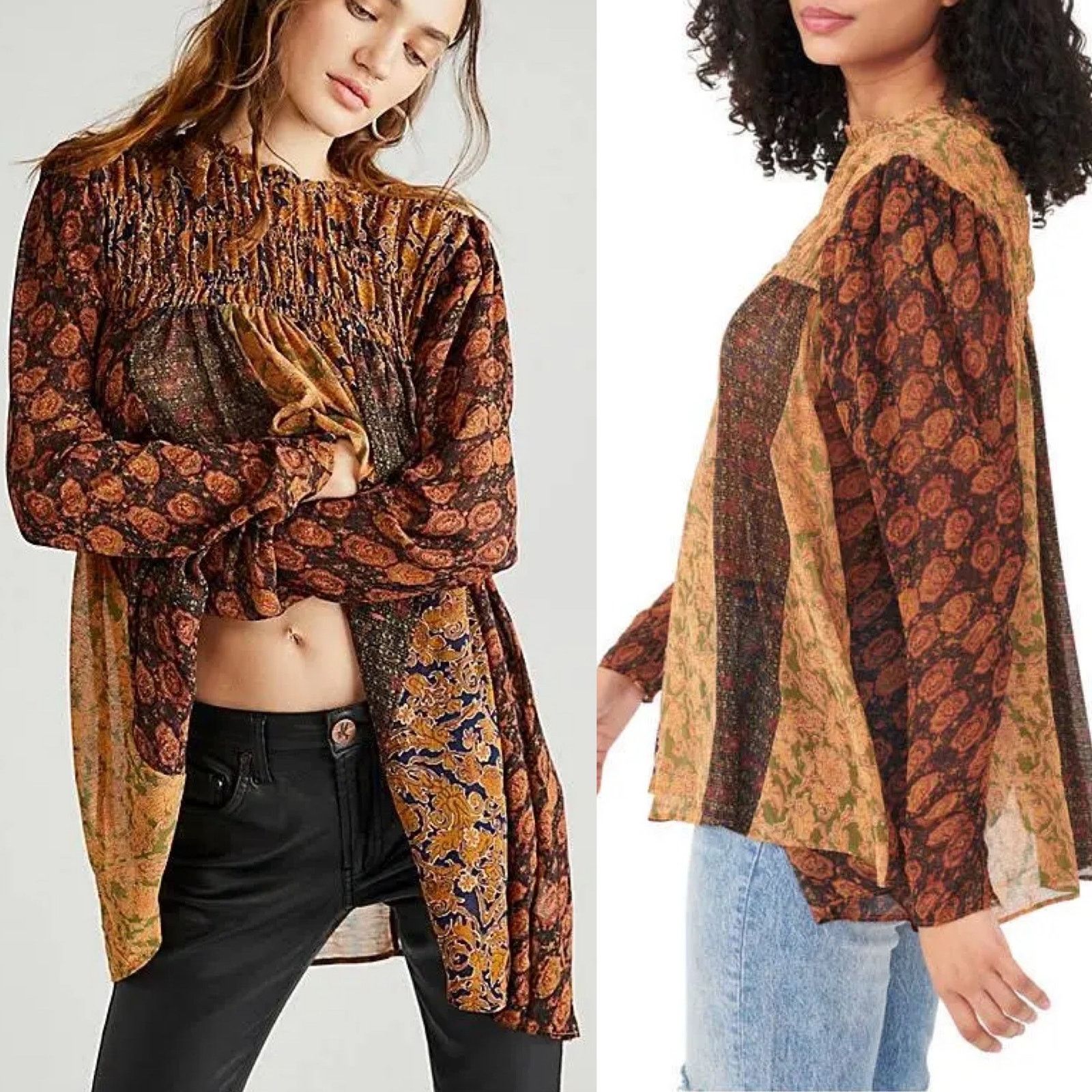 Free People Free People Merrie Mix Print Tunic Fall Colors Smocked SM Size S / US 4 / IT 40 - 1 Thumbnail