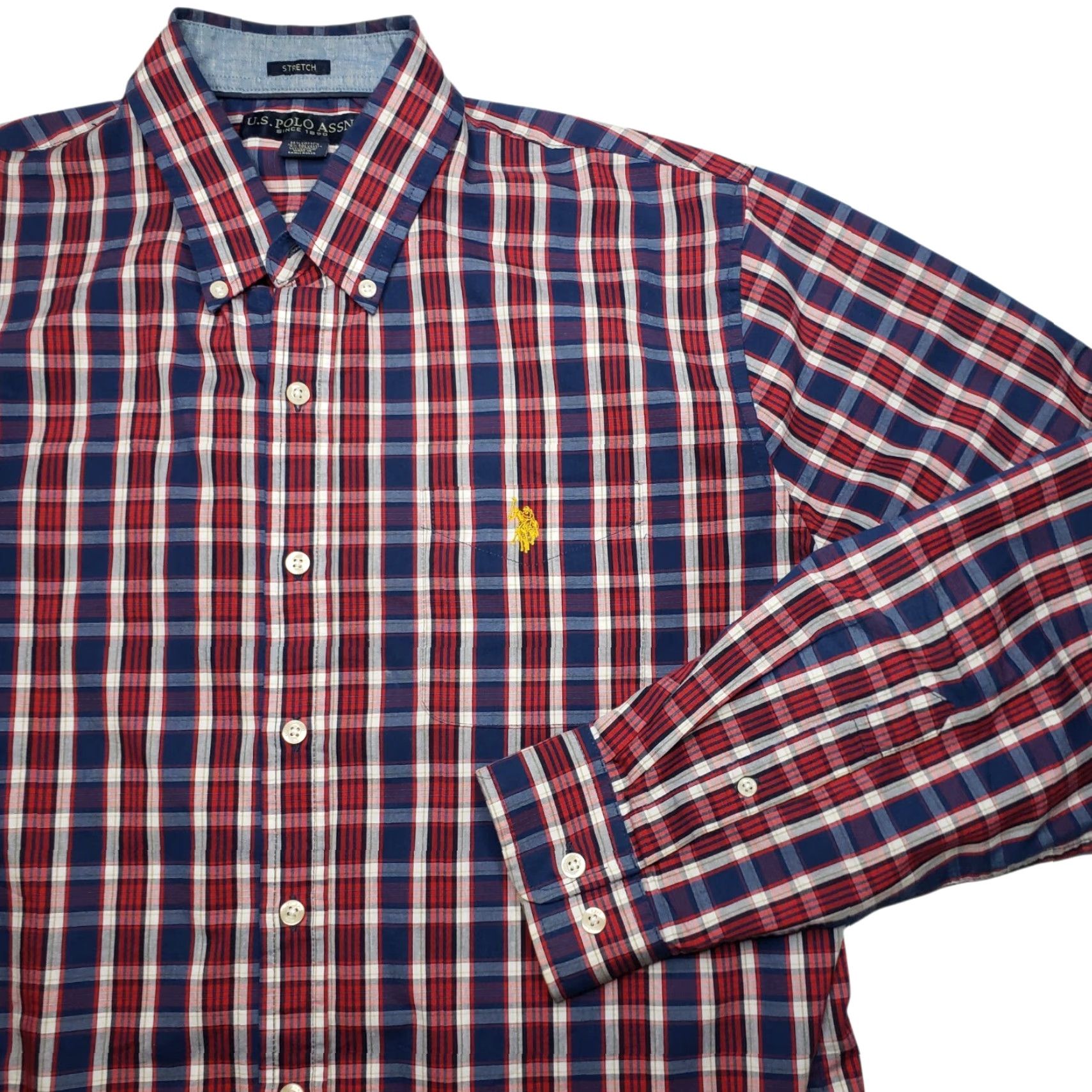 US Polo Assn Button-Down Shirt Long Sleeve XL Crest Plaid Red White Blue Cotton Blend Men's Shirt