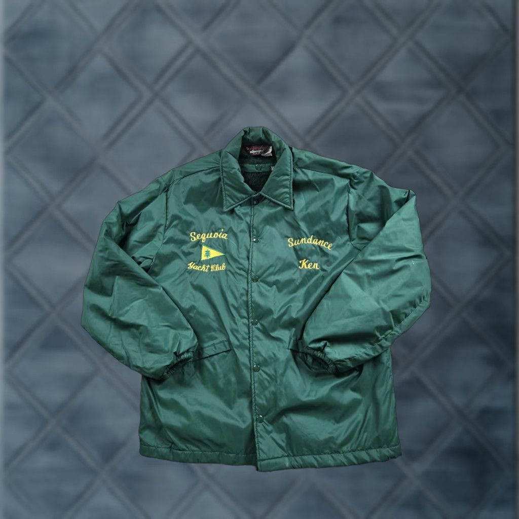 VINTAGE Dunbrooke Jacket Mens L Green Nautical Yacht Club Windbreaker 80s Sequoia Nylon Snap Front Embroidered Pockets