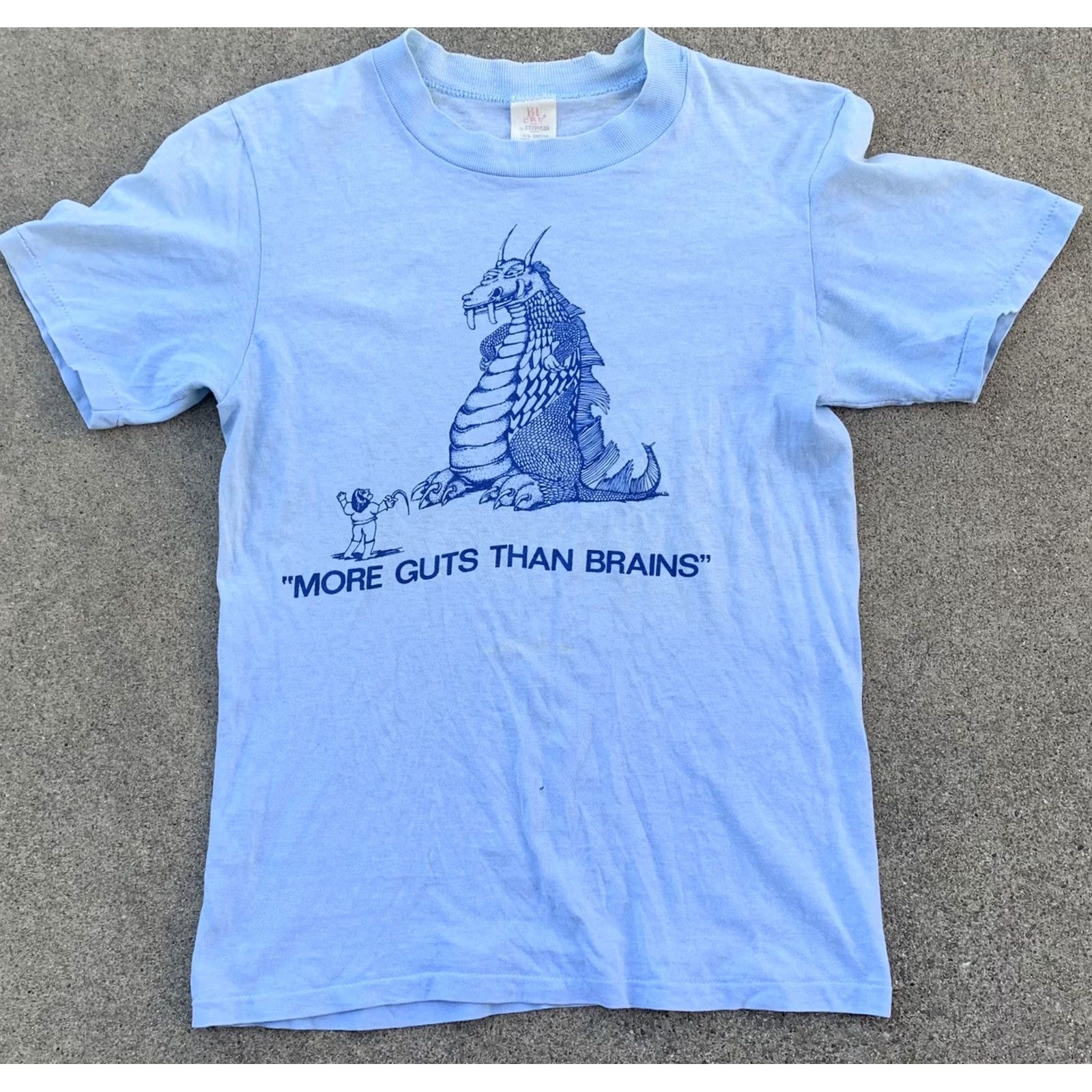 Vintage VINTAGE Stedman T-Shirt Dragon Knight MORE GUTS THAN BRAINS 70s 1970s Crew Neck Short Sleeve Blue Size S Men Size US S / EU 44-46 / 1 - 4 Thumbnail