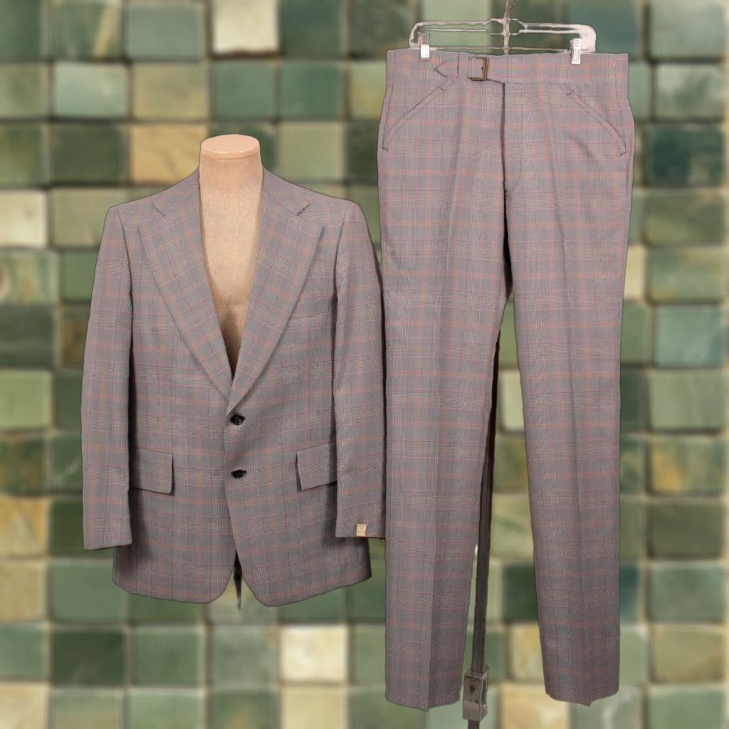 Vintage VINTAGE Mens VTG NOS 70s Blue Plaid Leisure Suit Sz 42 1970s Polyester Disco 2 PC Mens Size 44R - 1 Thumbnail