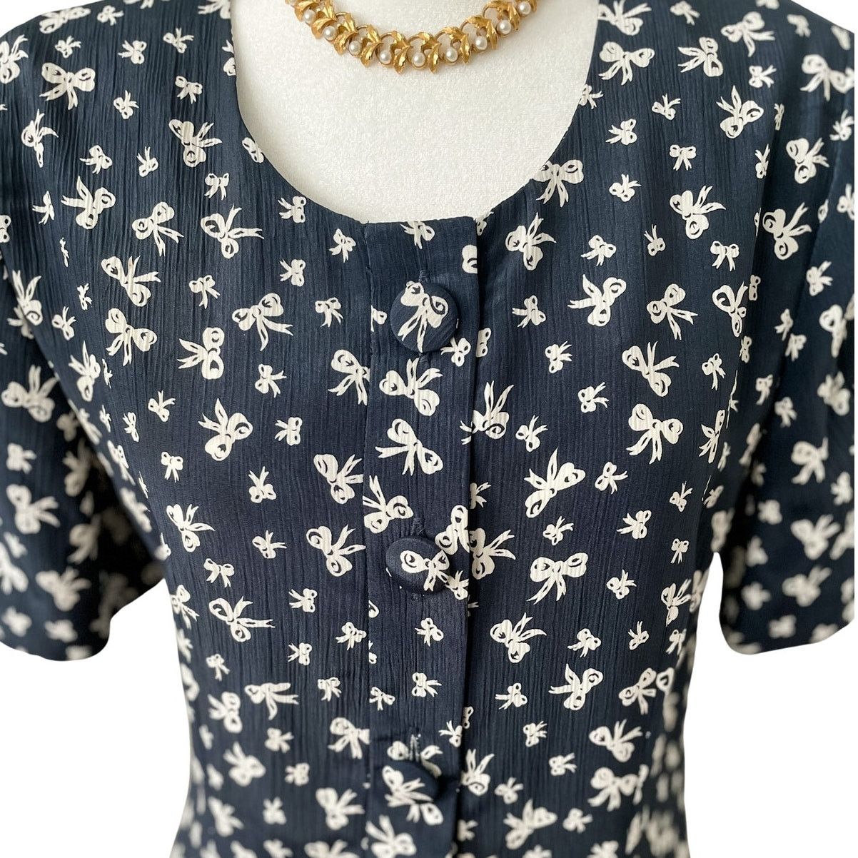 Vintage Leslie Fay Vintage Navy Bow Print Drop Waist Flounce Dress S Size S / US 4 / IT 40 - 3 Thumbnail