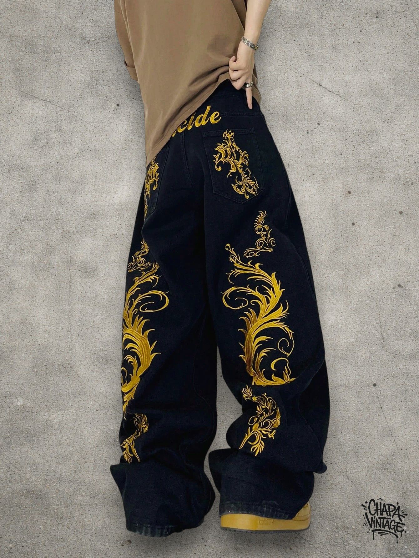 Japanese Brand Baggy chinese pathern jeans Size US 33 - 3 Thumbnail