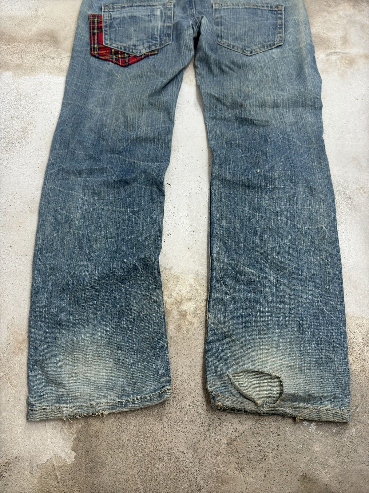 Japanese Brand Double Waist Distressed Denim Jeans Red Tartan Plaid Punk Size US 32 / EU 48 - 10 Thumbnail