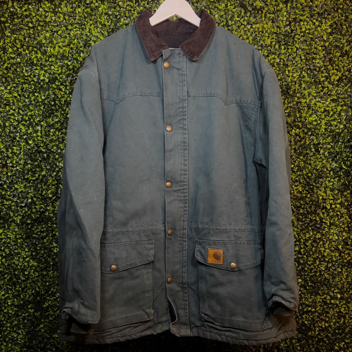 image of 90's Carhartt Canvas Flannel Lined Ranch Jacket in Green/Brown, Men's (Size XL)