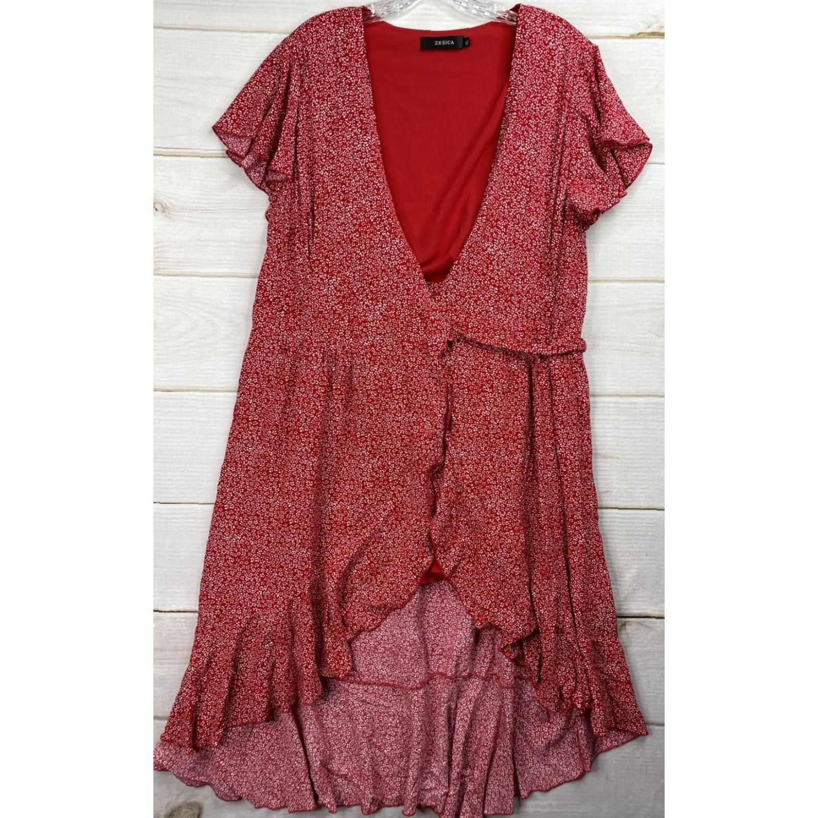 Zesica Dress Womens XL Red Speckled Wrap Ruffled V Neck Short Sleeve Lined  Maxi A-Line