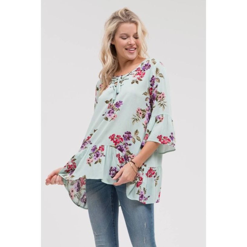 Other Blu Pepper Floral Tunic Top W/ Lace-Up Neckline & Ruffle Hem Size M / US 6-8 / IT 42-44 - 4 Thumbnail