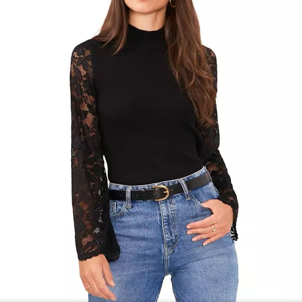 Vince Camuto NWT New $89 Vince Camuto Lace Long Sleeve Mock Neck Black S Size L / US 10 / IT 46 - 1 Thumbnail