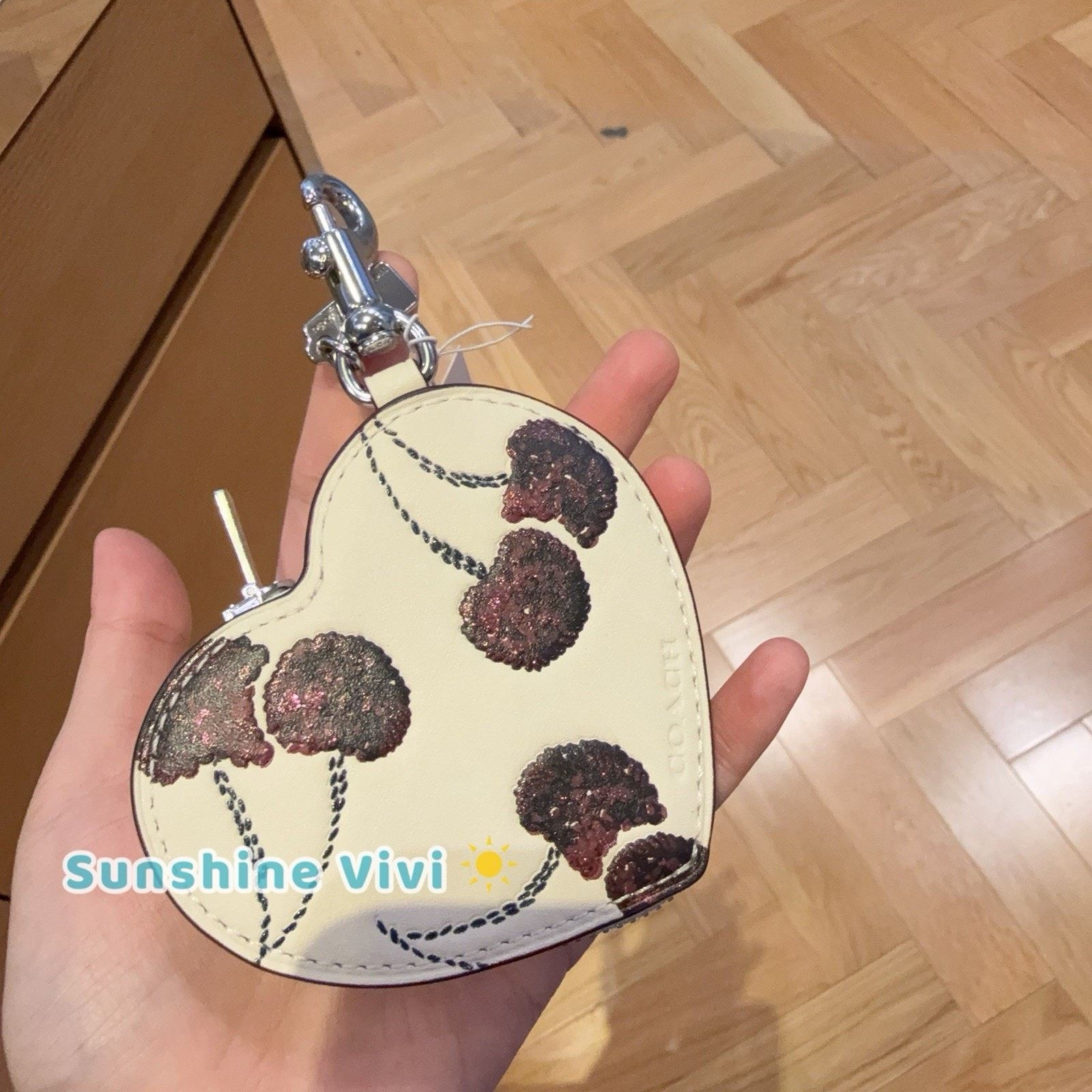 Coach NWT Coach Heart Bag Charm Cherry Print CDB55 Chalk Silver Size ONE SIZE - 2 Thumbnail