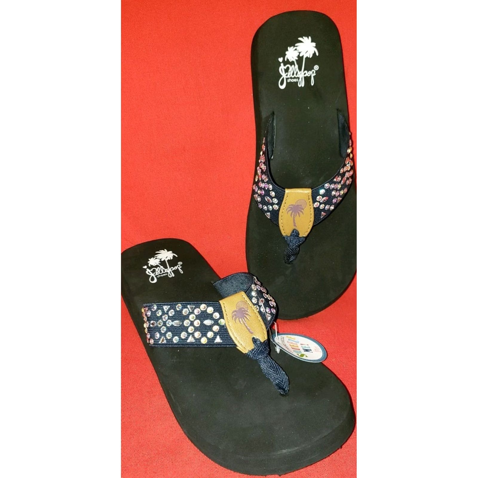 Vintage Jellypop Womens Slide Toe Post Sandals Size 9M Blue With Rhinestones Wedge Heel Size US 9 / IT 39 - 2 Thumbnail