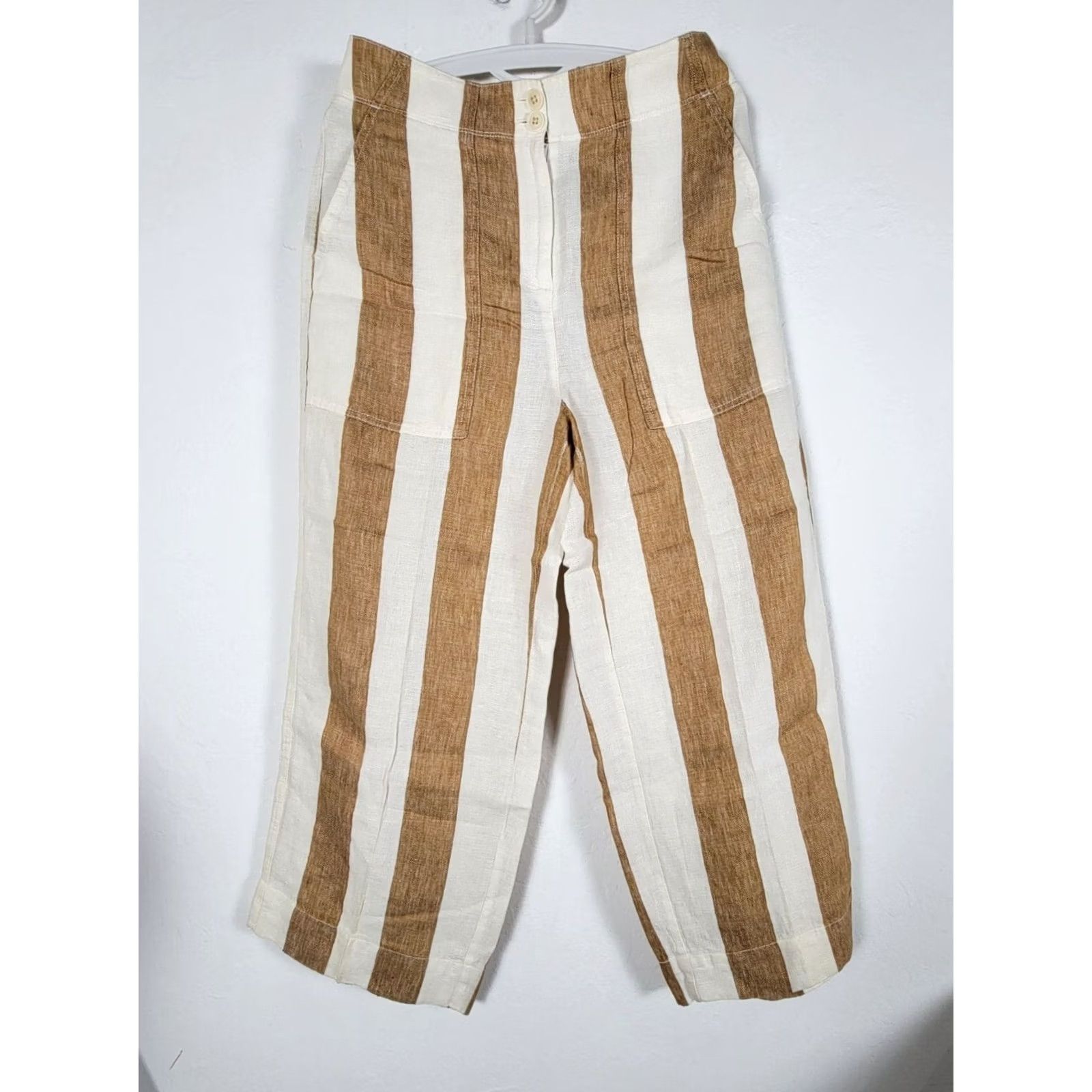J.Crew J.Crew Womens Linen Striped High Rise Cropped Wide-Leg Pants Size 8 Brown/White Size 30" / US 8 / IT 44 - 2 Thumbnail