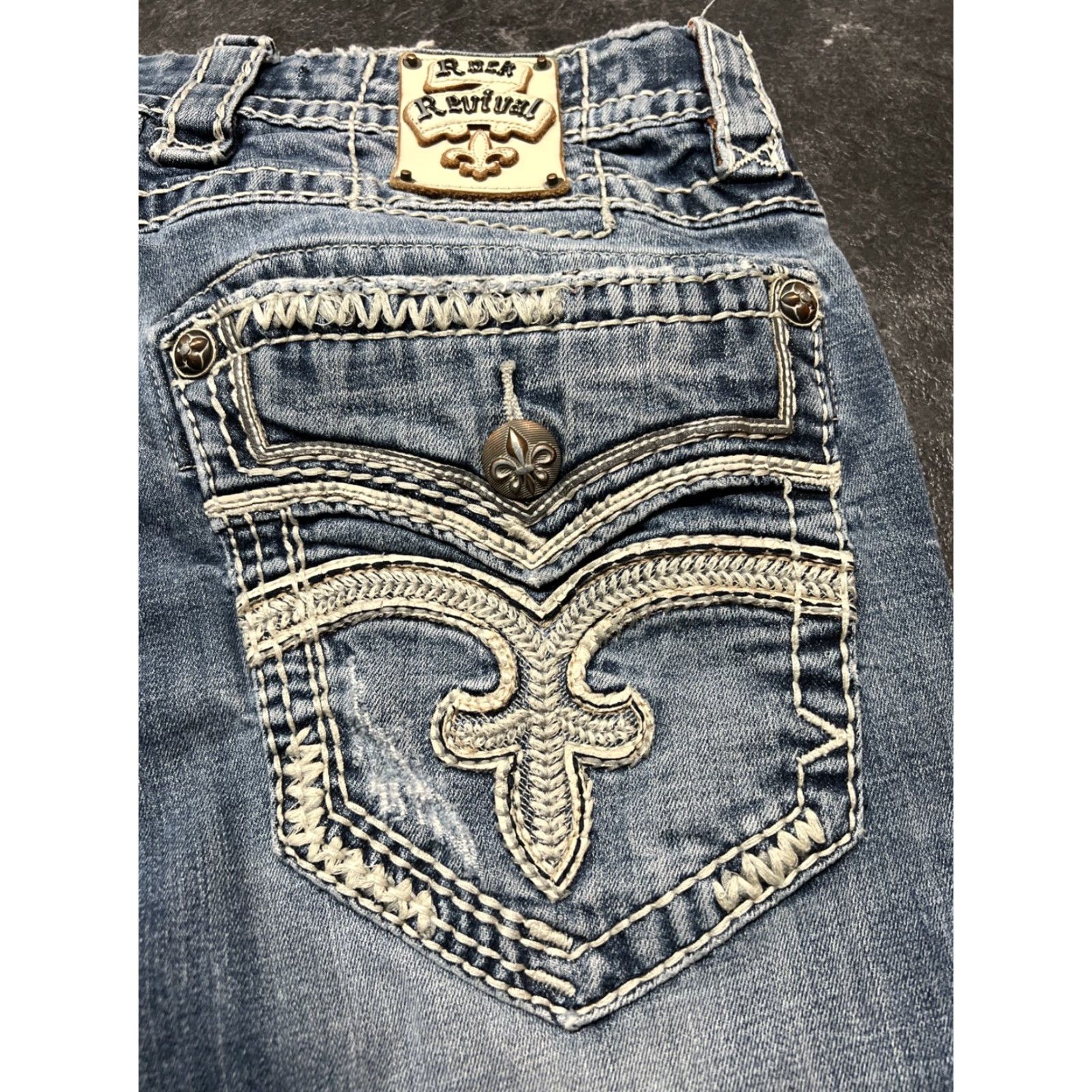 Vintage Rock Revival Jeans Mens 34x26 Jarrow Denim Boot Blue Thick Stitch Y2K Regular Rise 5-Pocket Mens Jeans Size US 34 / EU 50 - 4 Thumbnail