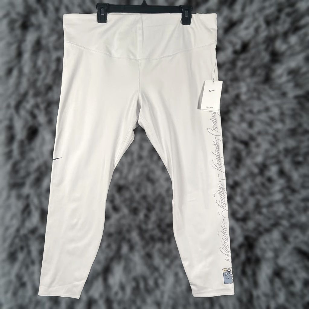 Nike VINTAGE Nike Leggings Womens 2X White One Luxe Dri-FIT Mid Rise Leggings Serena Script Black? Size 40" / US 18 - 1 Thumbnail