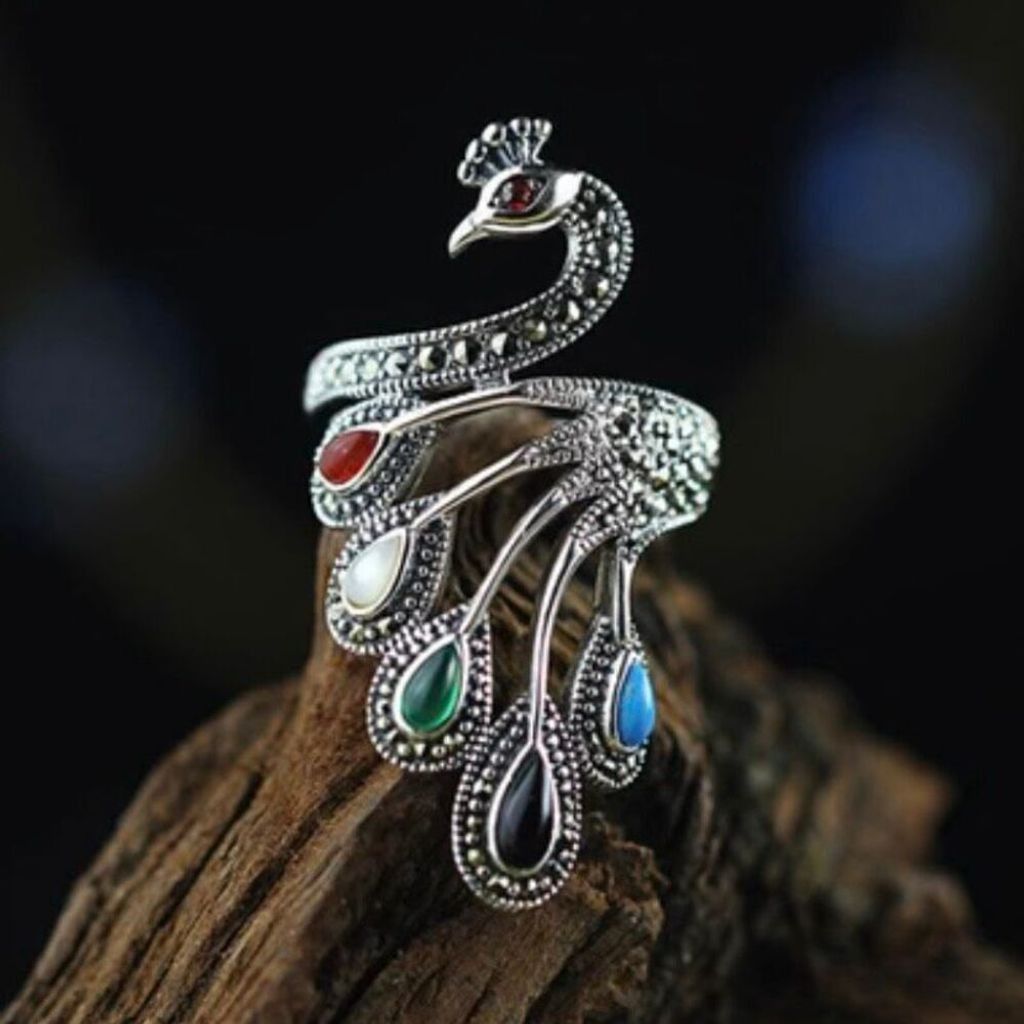 Other Natural Multi Stone Peacock Silver Adjustable Ring Size ONE SIZE - 6 Thumbnail