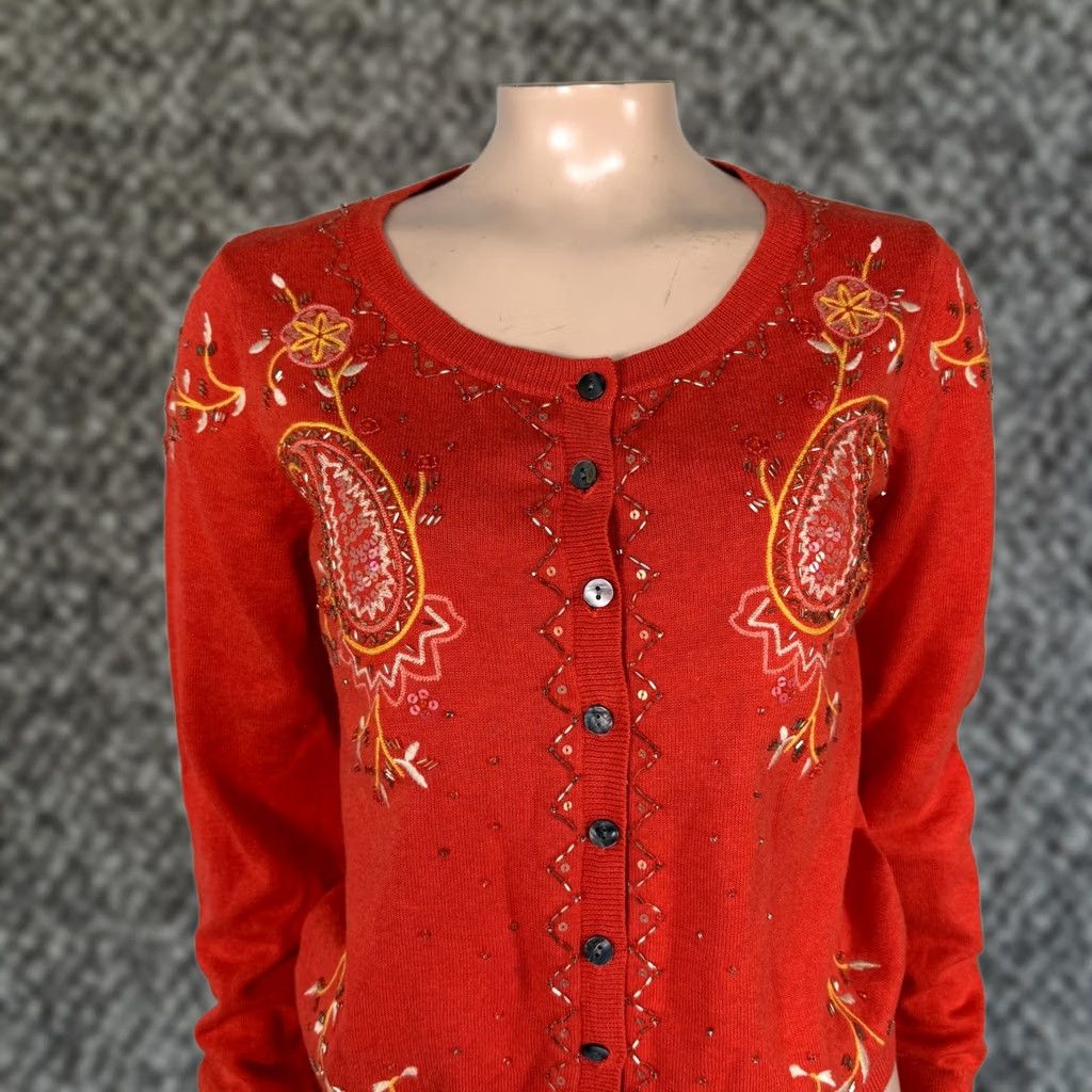 Vintage Sundance Cardigan Sweater Women's Small Crew Neck Long Sleeve Orange Floral Beaded Embroidered Paisley Vintage No Size S / US 4 / IT 40 - 1 Thumbnail