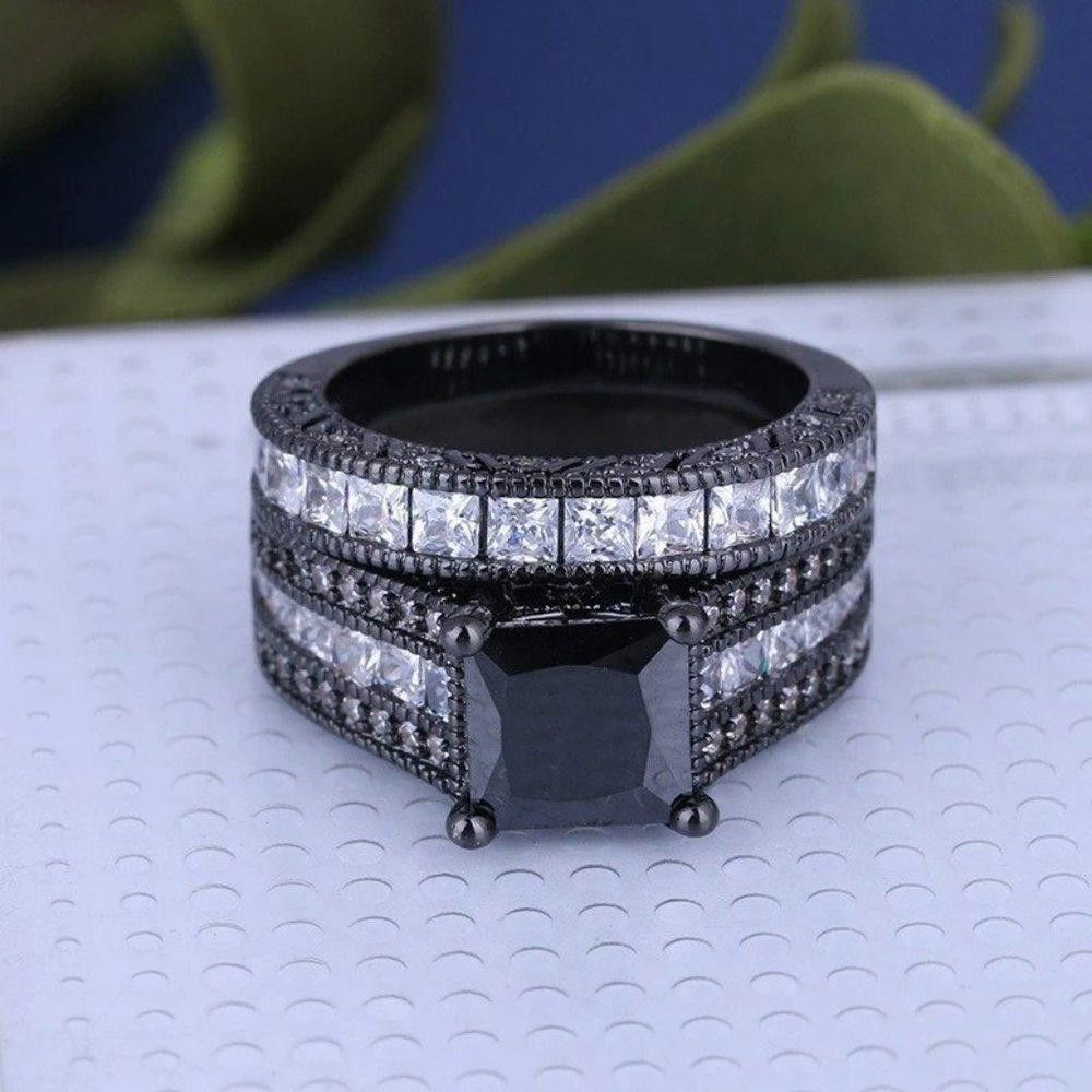 Designer 2Pcs 925 Silver Black Zircon Engagement Ring Set - Size 5 Size ONE SIZE - 9 Thumbnail