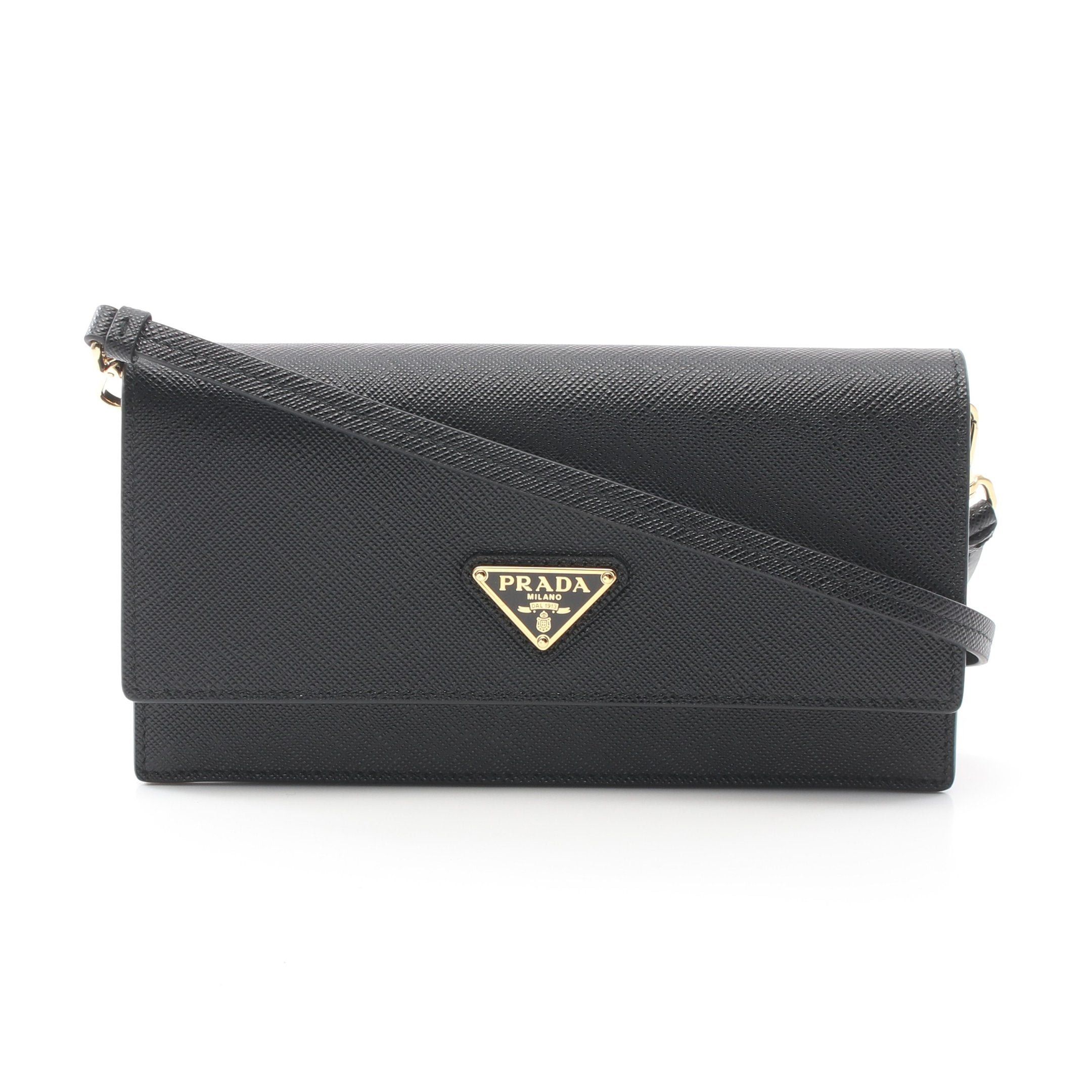 Prada Prada Triangle Logo Shoulder Wallet Saffiano Leather Black Size ONE SIZE - 1 Thumbnail