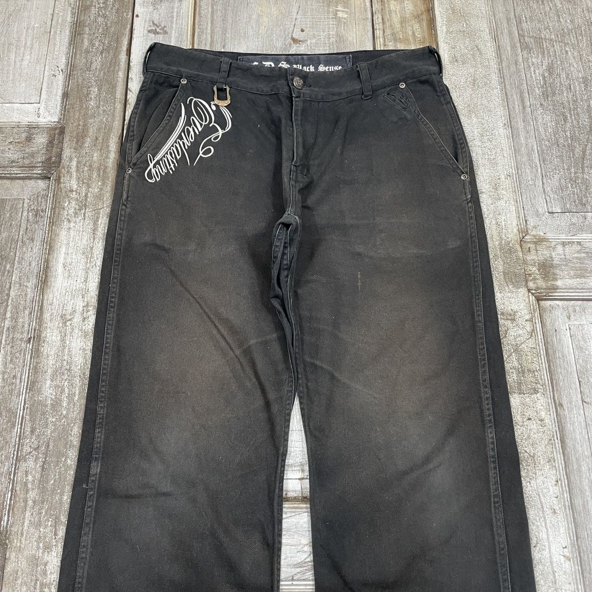 14th Addiction × Japanese Brand × Vintage Vintage CDS Black Sense Embroidery Faded Baggy Pant Size US 34 / EU 50 - 3 Thumbnail