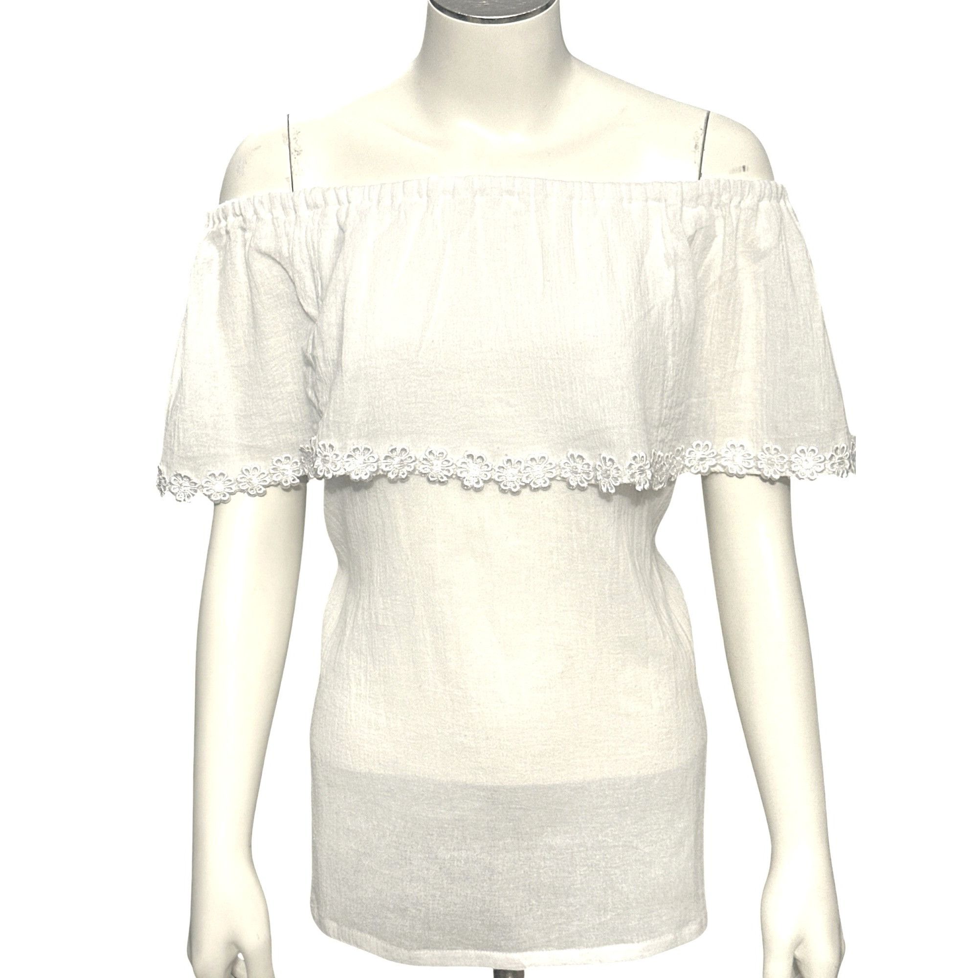 Other Handmade Off Shoulder White Cotton Blouse Floral Embroidery Size L / US 10 / IT 46 - 1 Thumbnail