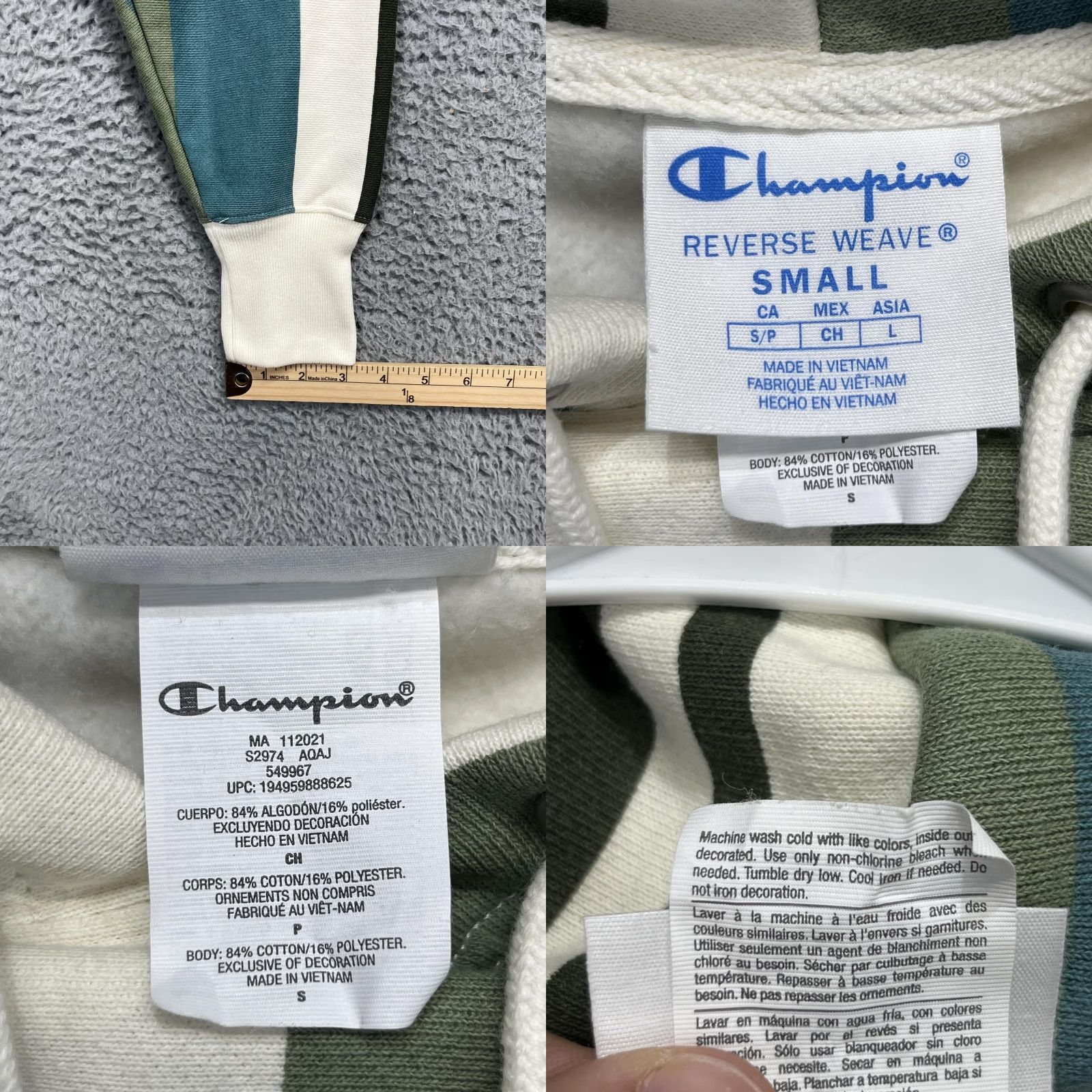 Champion Champion Reverse Weave Hoodie Mens Small Green Striped Pullover Heavyweight Size US S / EU 44-46 / 1 - 9 Thumbnail