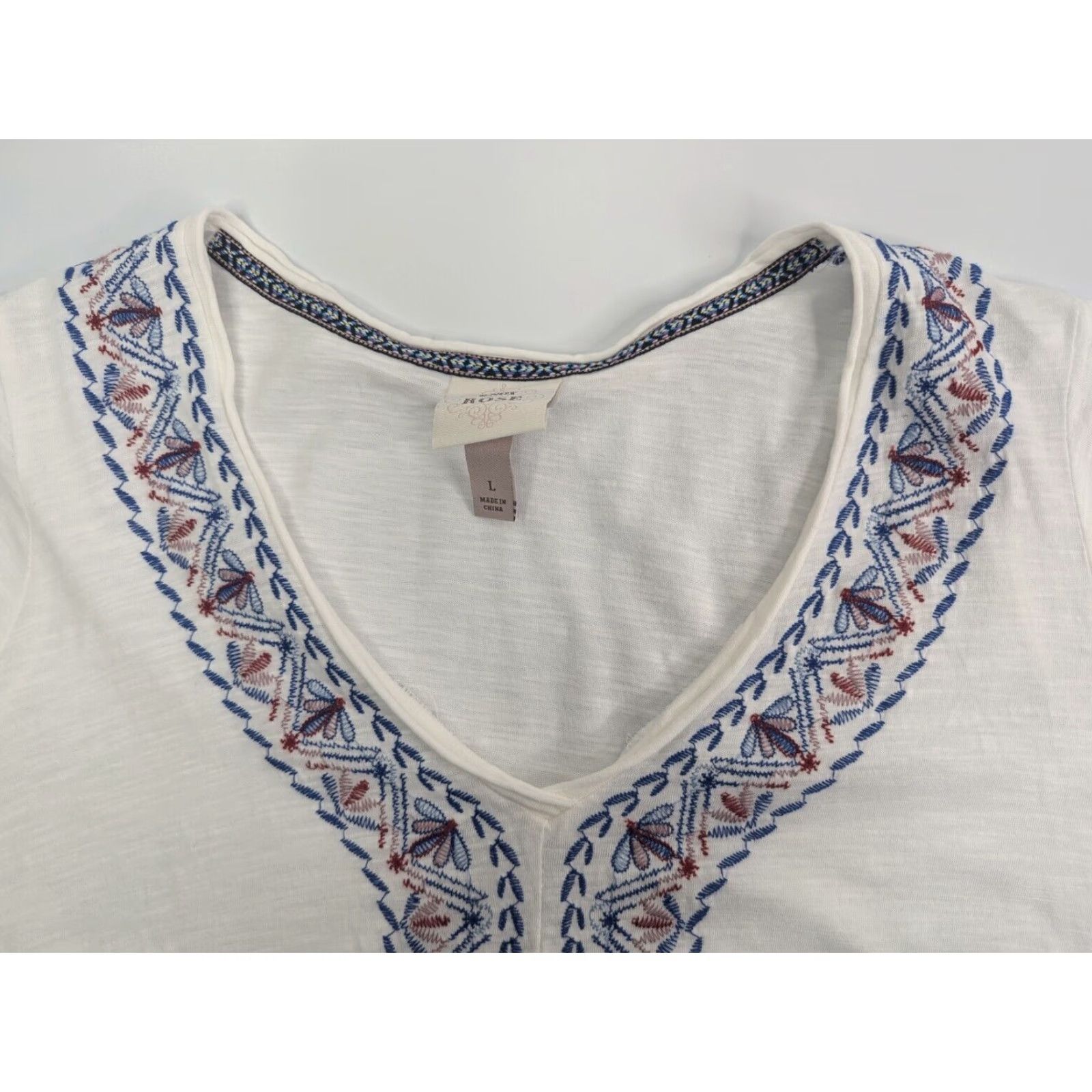 Vintage VINTAGE? No — Use Knox Rose Women’s Large White Embroidered Short Sleeve V Neck Boho Peasant Top Size L / US 10 / IT 46 - 5 Thumbnail