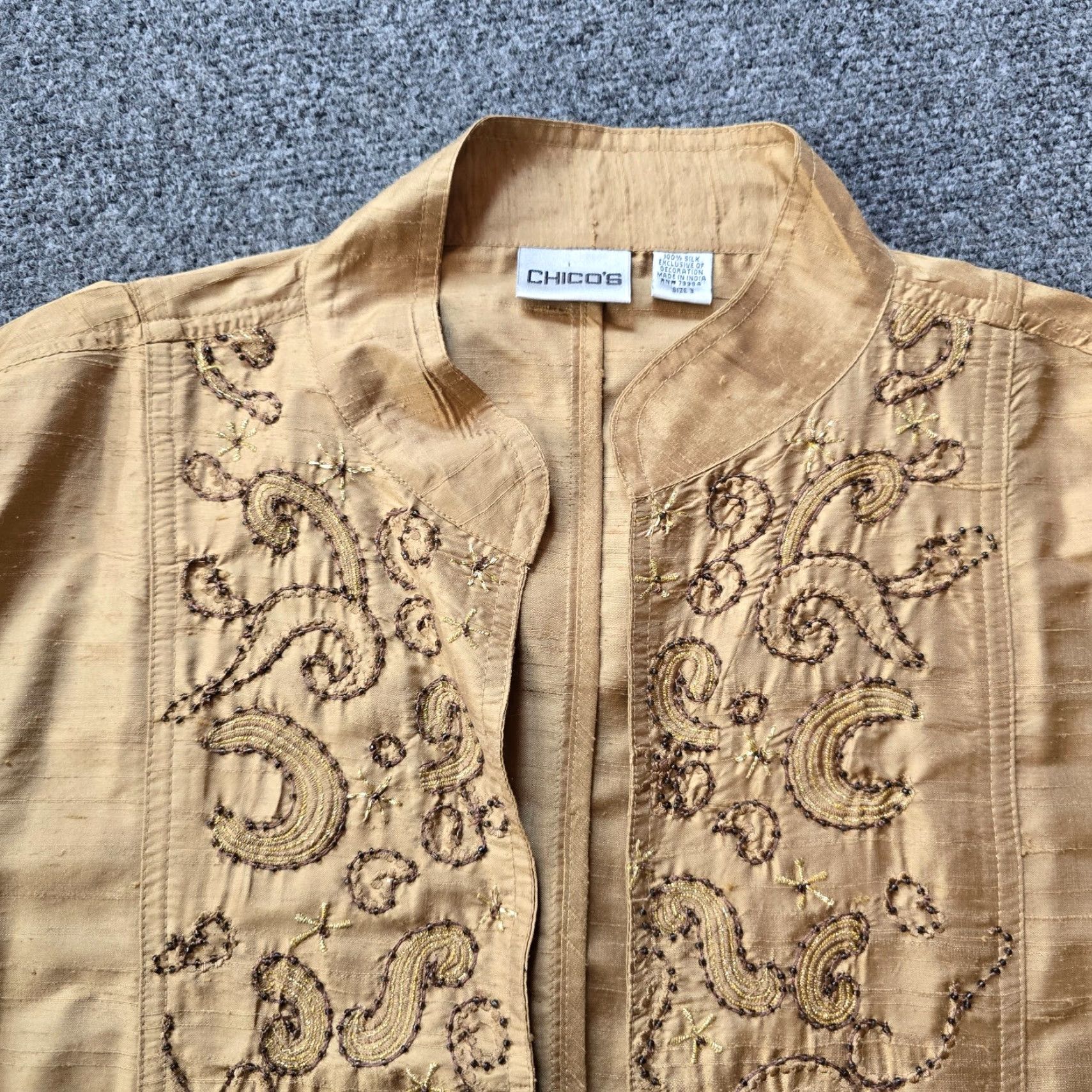 Vintage Chicos Jacket Womens XL Beige Silk Open Beaded Embroidery Classic Career Ladies Open Front Long Sleeve Jacket Size XL / US 12-14 / IT 48-50 - 2 Thumbnail