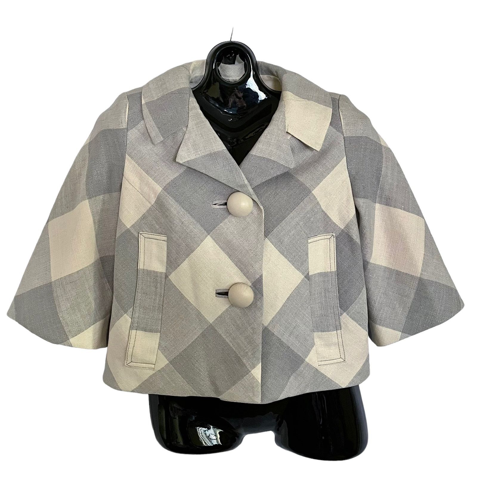 SMYTHE Smythe Light Gray Buffalo Check Cropped Silk Linen Jacket Size S / US 4 / IT 40 - 1 Thumbnail