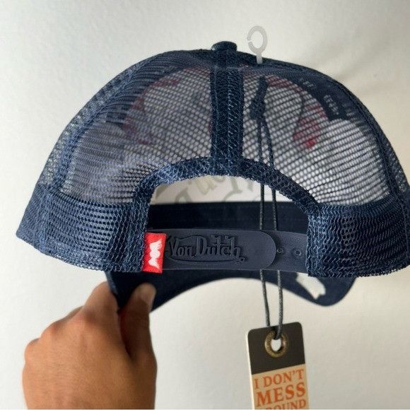 Designer × Von Dutch NWT VON DUTCH DARK DENIM RED & WHITE PATCH TRUCKER HAT Size ONE SIZE - 5 Thumbnail