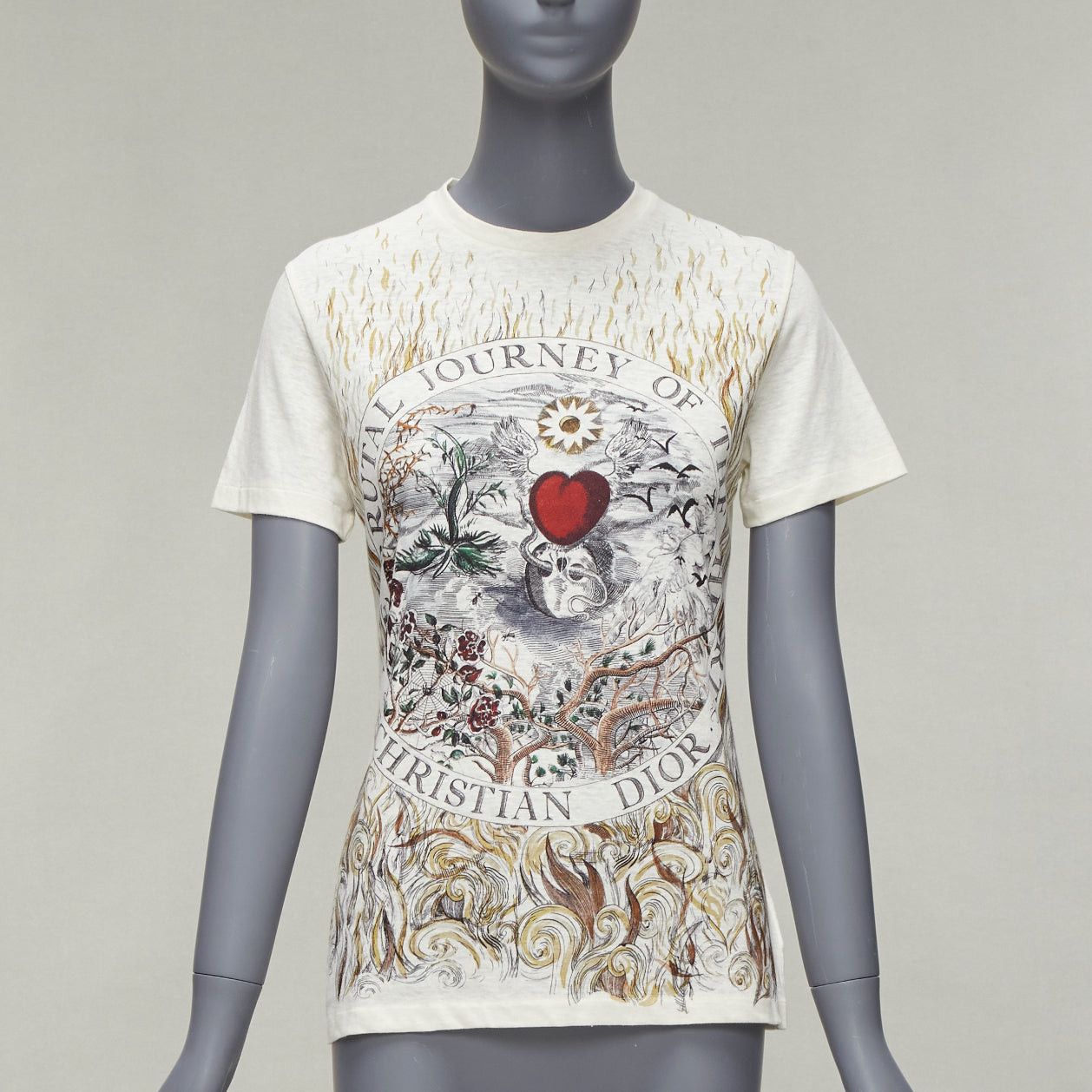 Dior DIOR Brutal Journey OF The Heart graphic print ecru cotton linen tshirt XS Size S / US 4 / IT 40 - 1 Thumbnail