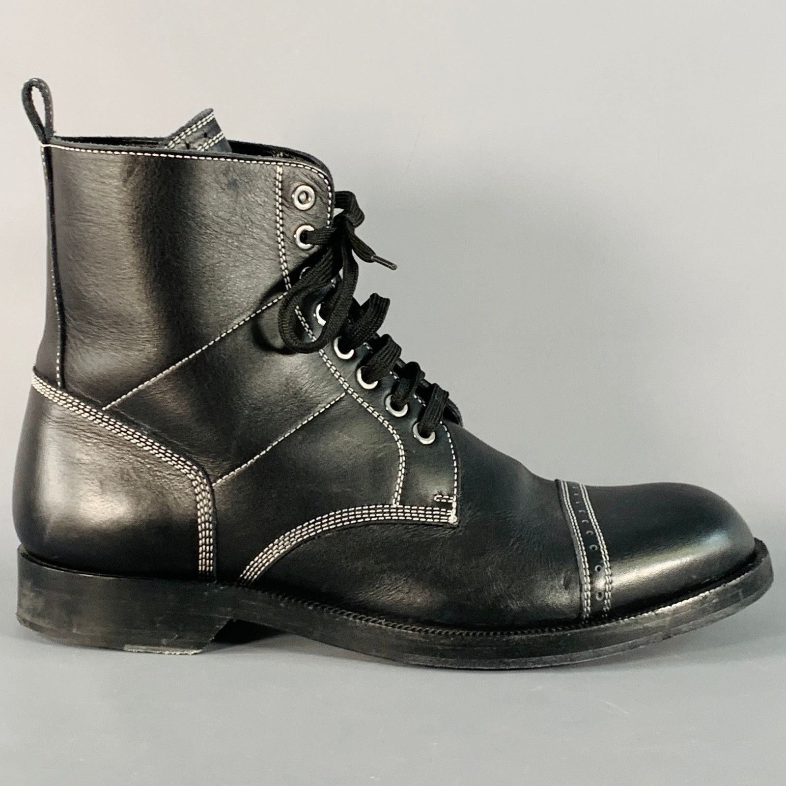 Loewe 12 Black White Contrast Stitch Leather Military Boots Size US 12 / EU 45 - 2 Thumbnail