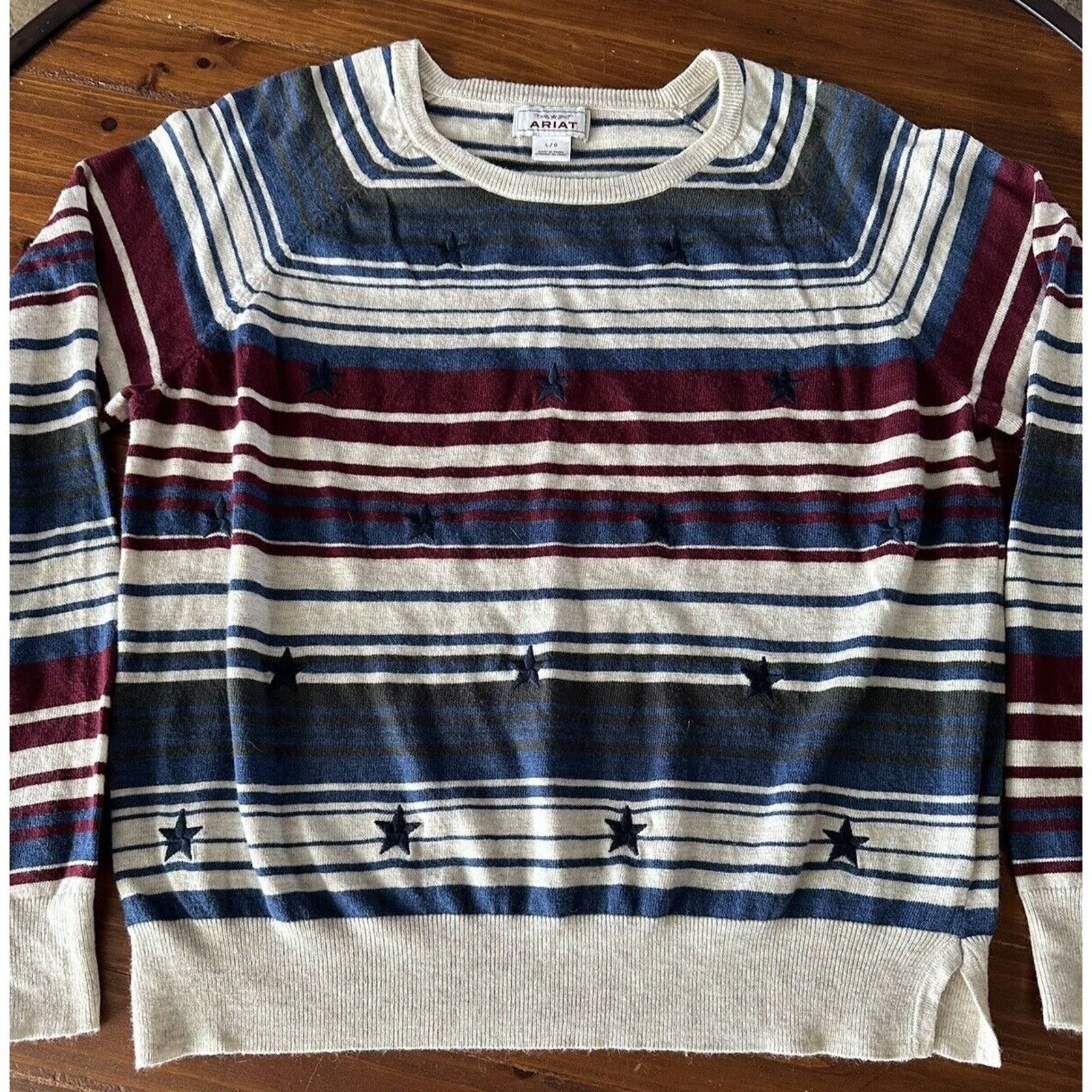 Ariat ARIAT Women's Fonda Sweater, Large Blue. Red Stripe w/Stars Size L / US 10 / IT 46 - 2 Thumbnail