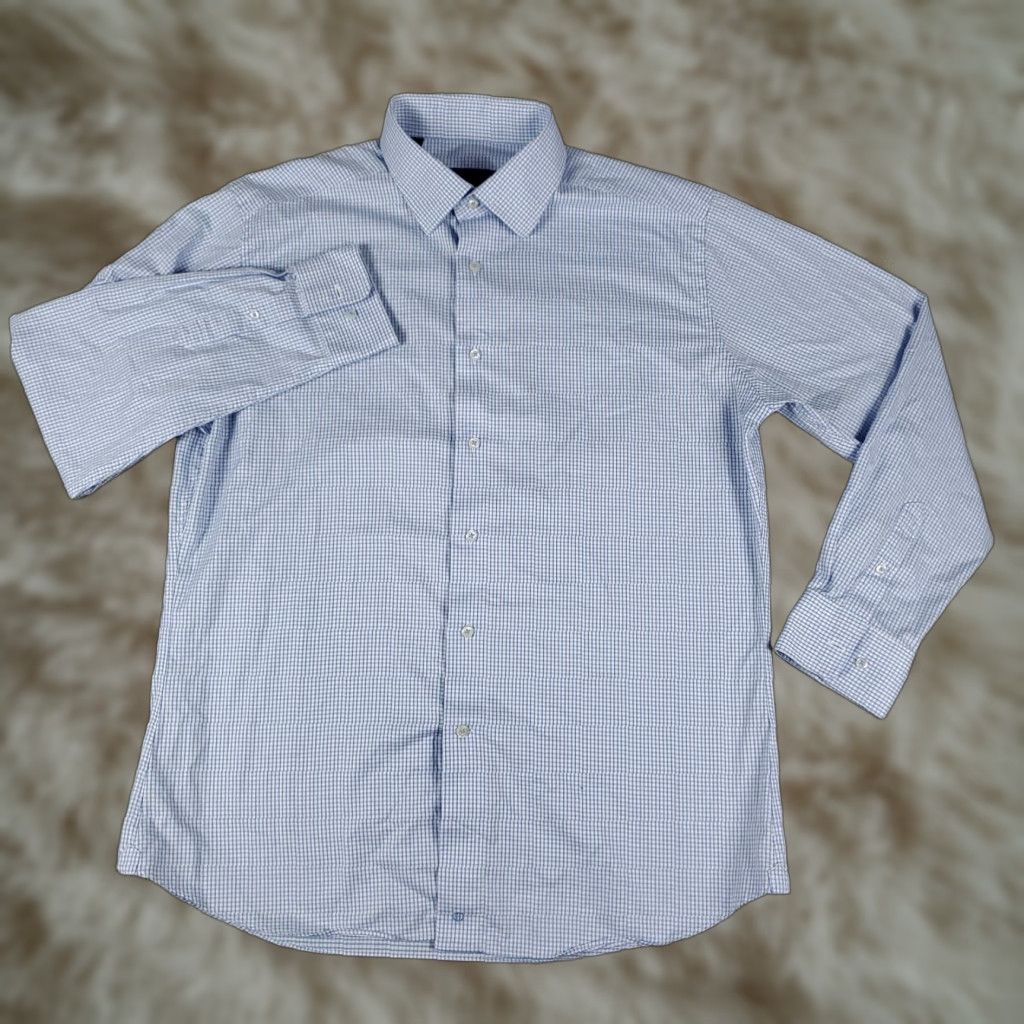 David Donahue David Donahue Shirt Mens 17 Blue Plaid Dress Button Up Long Sleeve 17 in Blue Size 46R - 1 Thumbnail