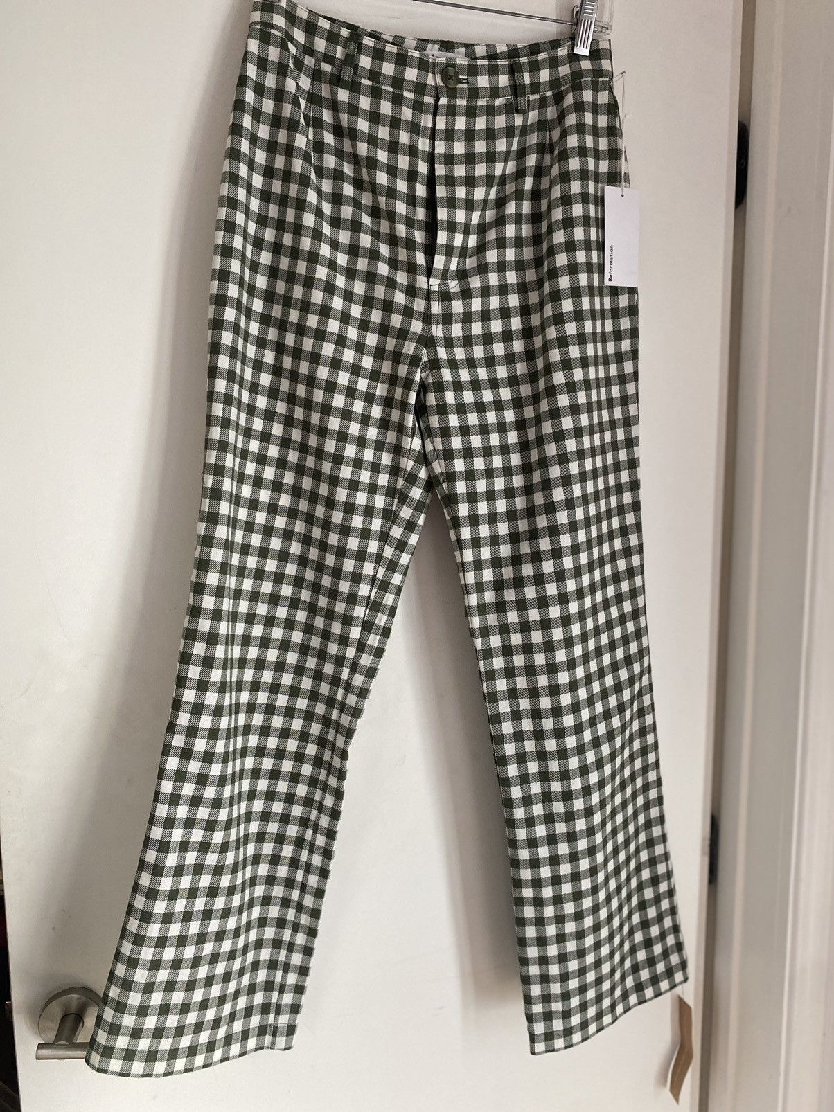 Reformation Reformation Franklin Green White Cotton Blend Check Pant 6 Size 28" / US 6 / IT 42 - 1 Thumbnail