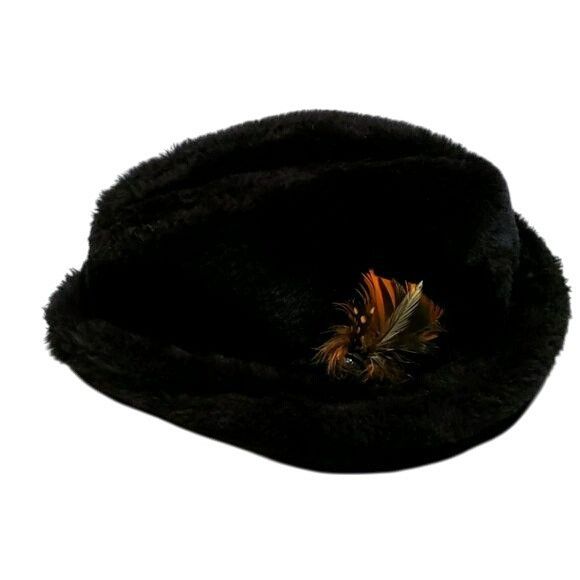 Vintage Vintage Cossack Hat Fedora Folded Hat Faux Fur Feather Size ONE SIZE - 1 Thumbnail